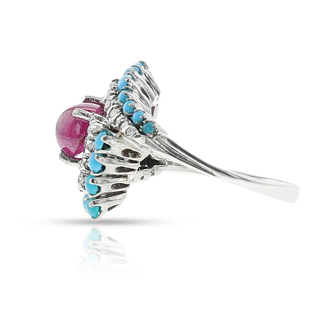 Ruby and Turquoise Cabochon Ring with Diamonds, 18k