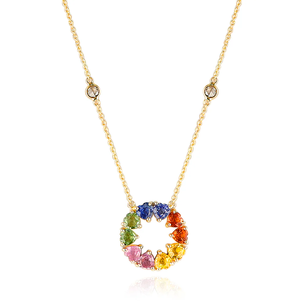 Multi-Sapphire Circle Pendant with Diamond Rose Cut, 14k