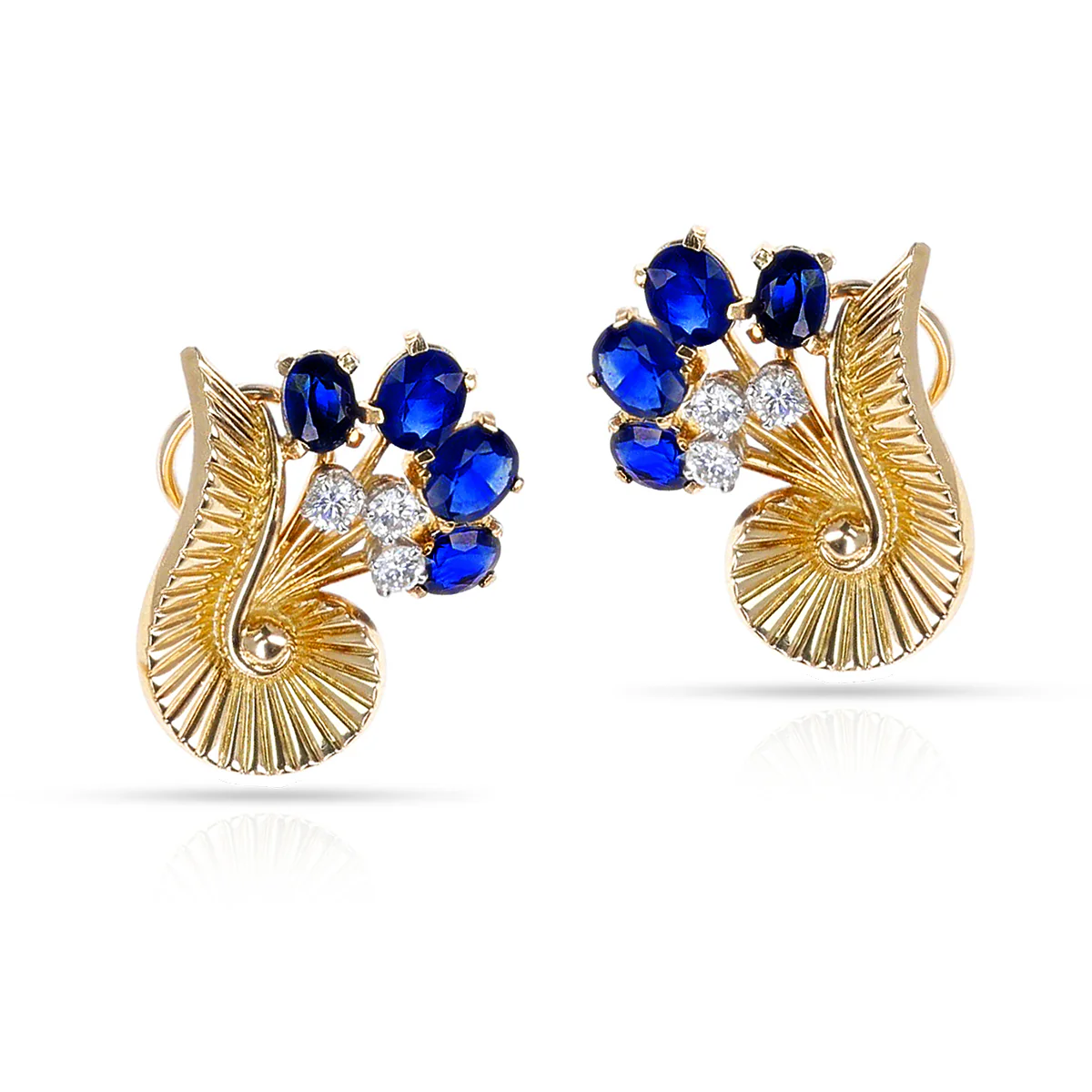 1965 Cartier Paris Natural Sapphire and Diamond 18K Yellow Gold Earrings