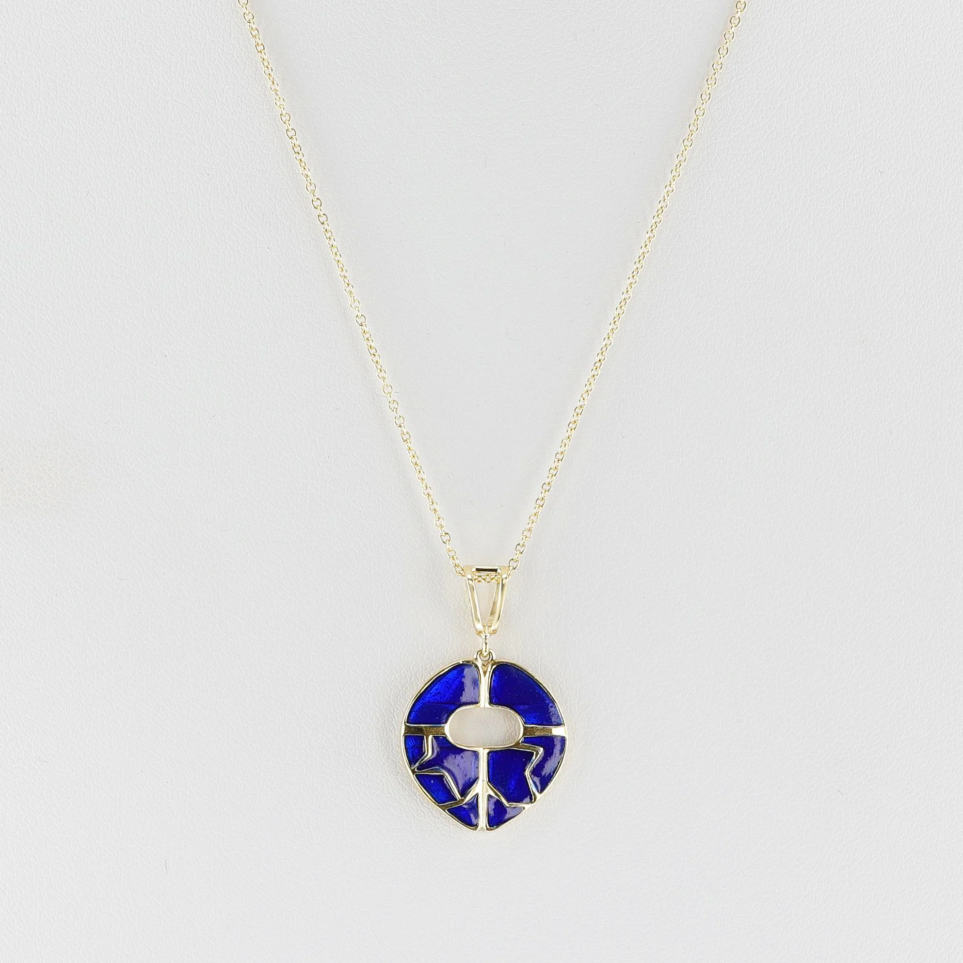 Dark Blue Enamel and Gold Lining Kintsugi Pendant Necklace, 14k