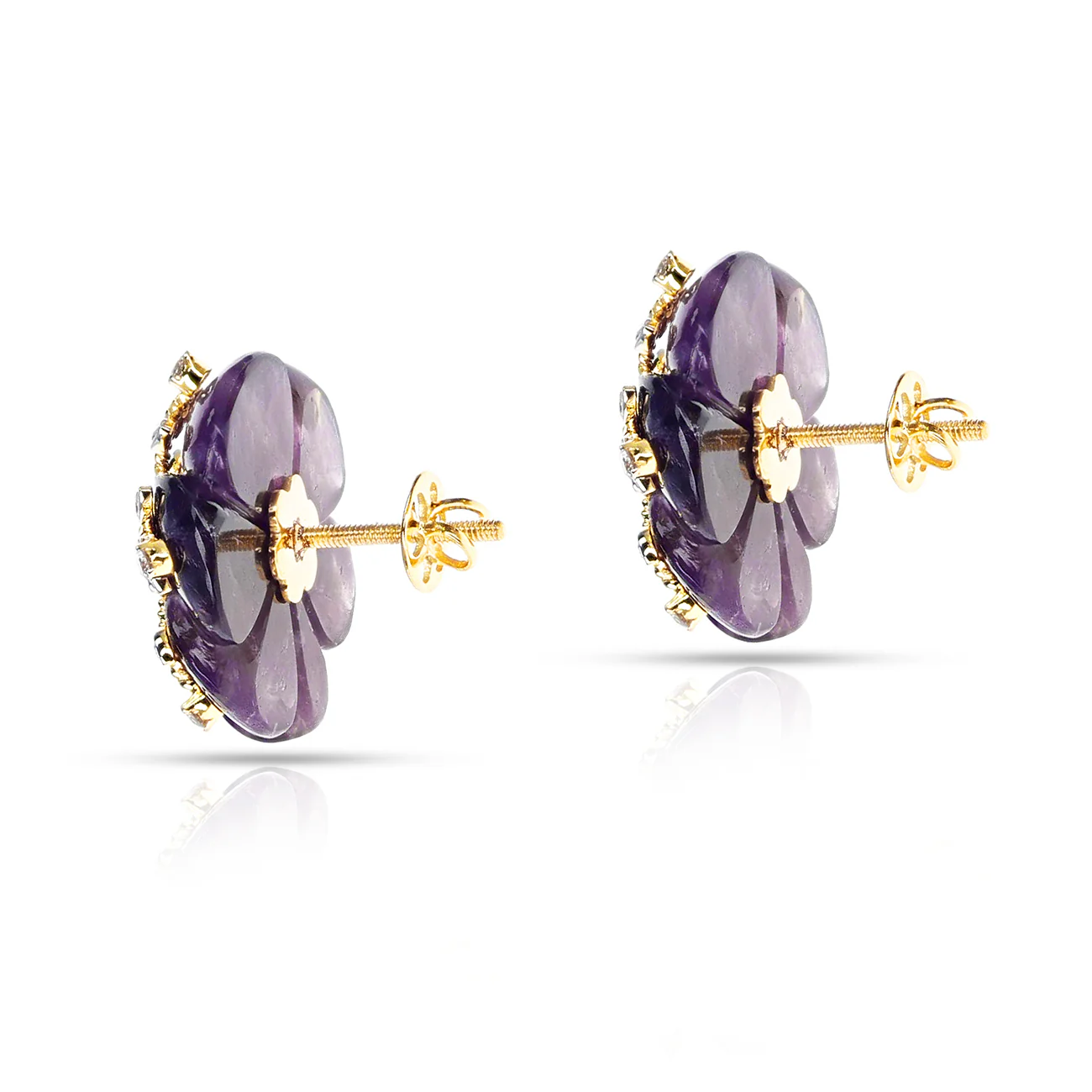 Carved Round Floral Amethyst Earrings with Diamonds