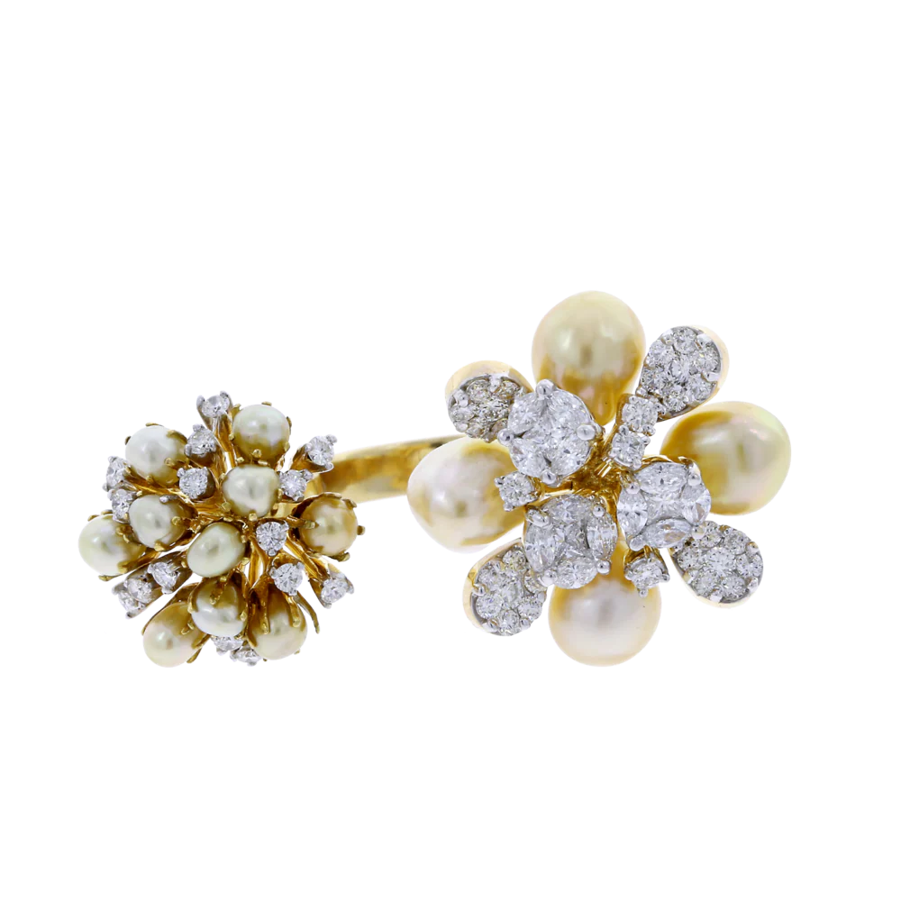 Pearl Clusters Open Ring with Mixed Cut Diamonds, 18K Gold
