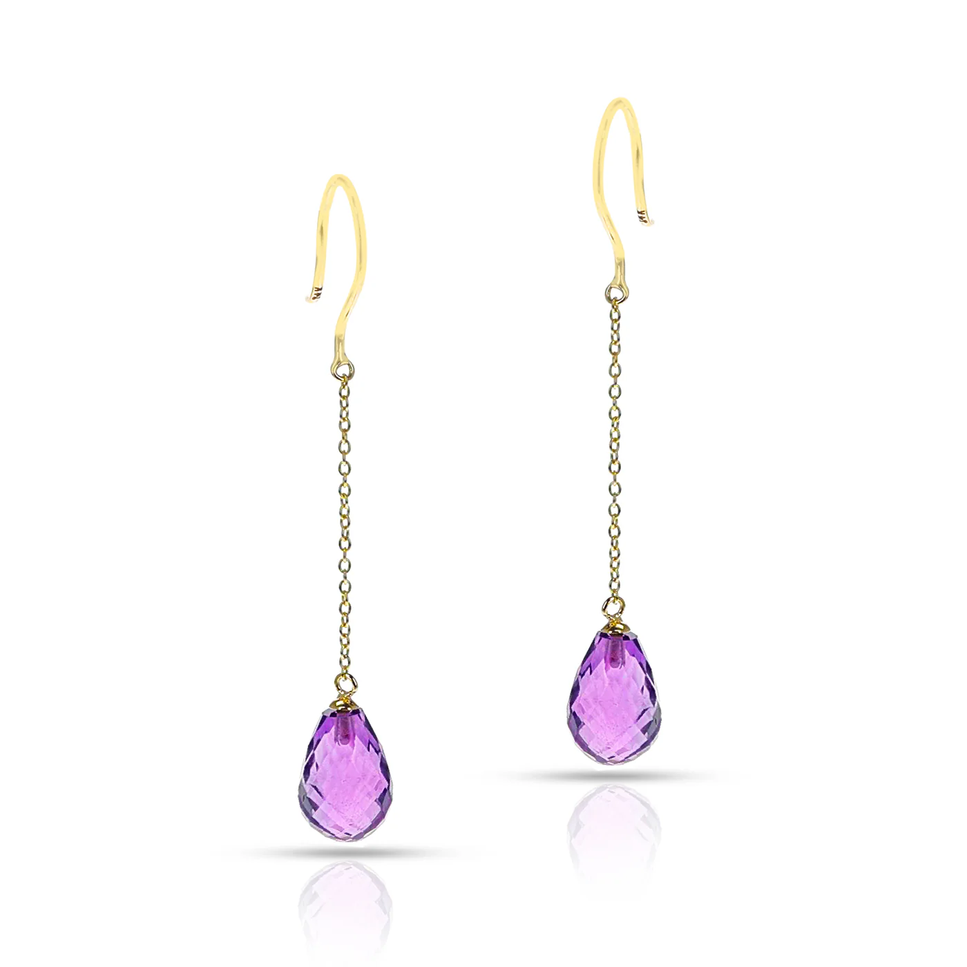 Amethyst Briolette Drop Dangling Earrings, 18 Karat Yellow Gold