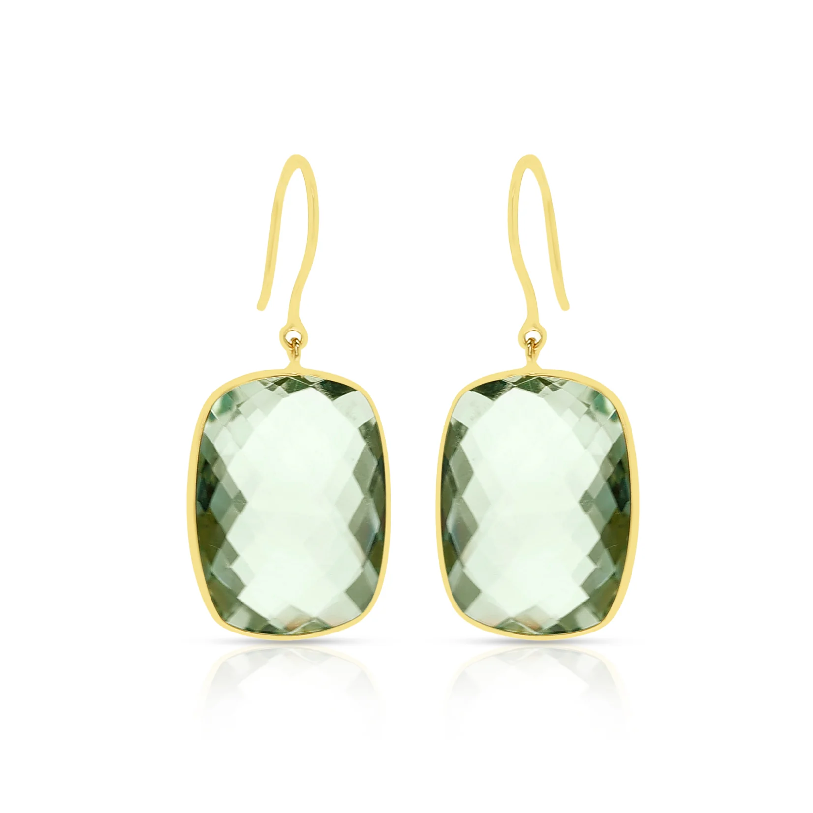 Green Amethyst Cushion Shape Dangling Earrings made in 18 Karat Yellow Gold.