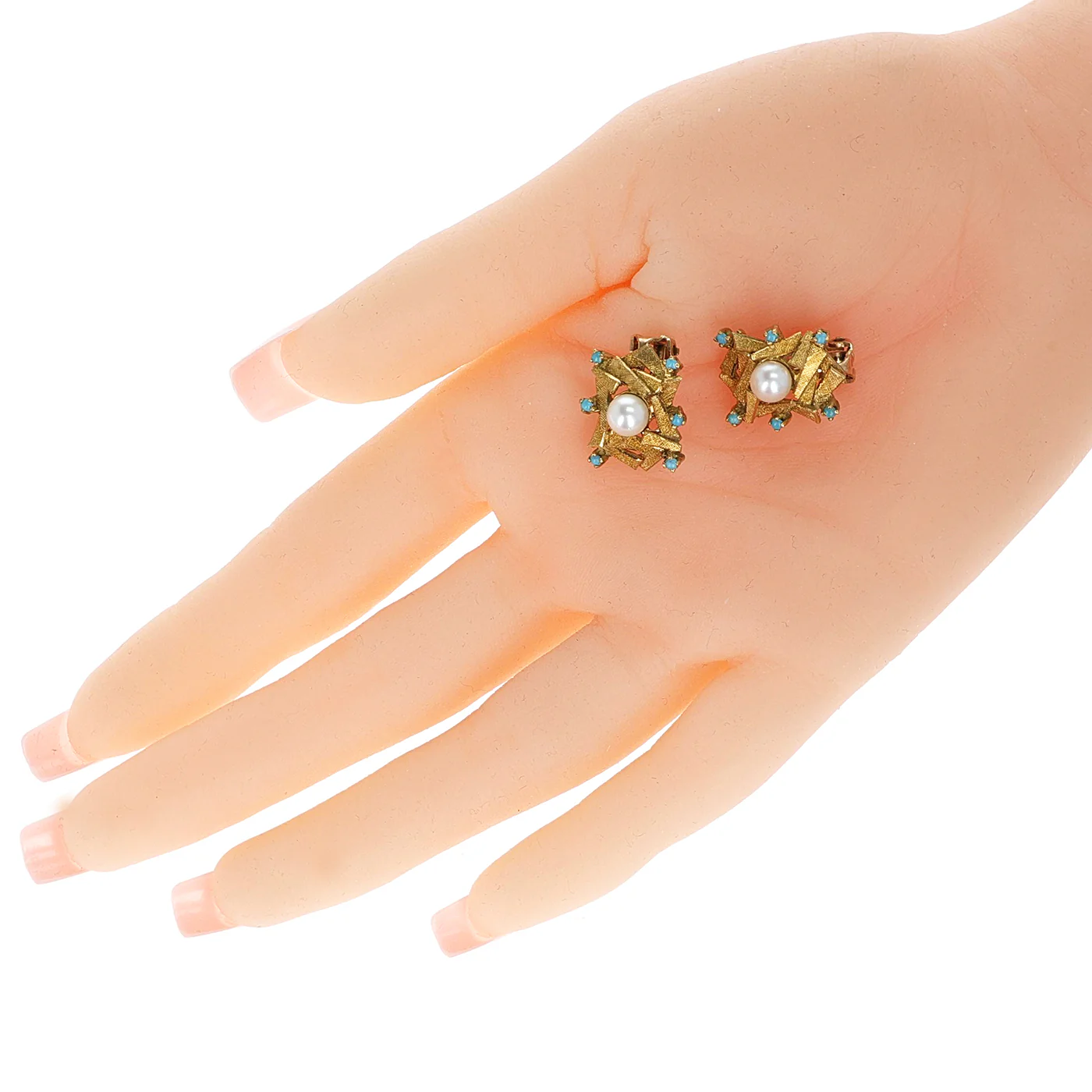 Turquoise Cabochon, Gold, and Pearl Earring, Part of Set