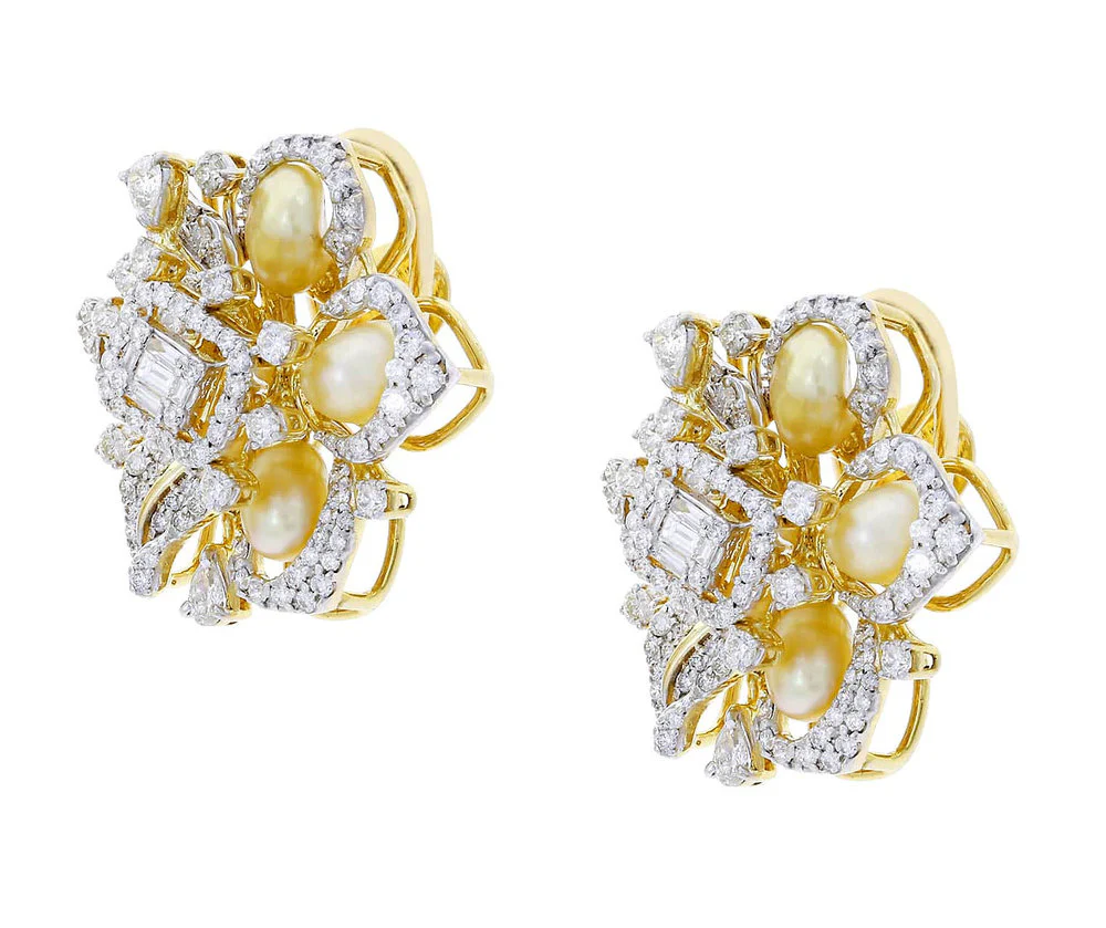 Fine Ribbon-Style Pearl and Diamond Earrings, 18K Yellow Gold