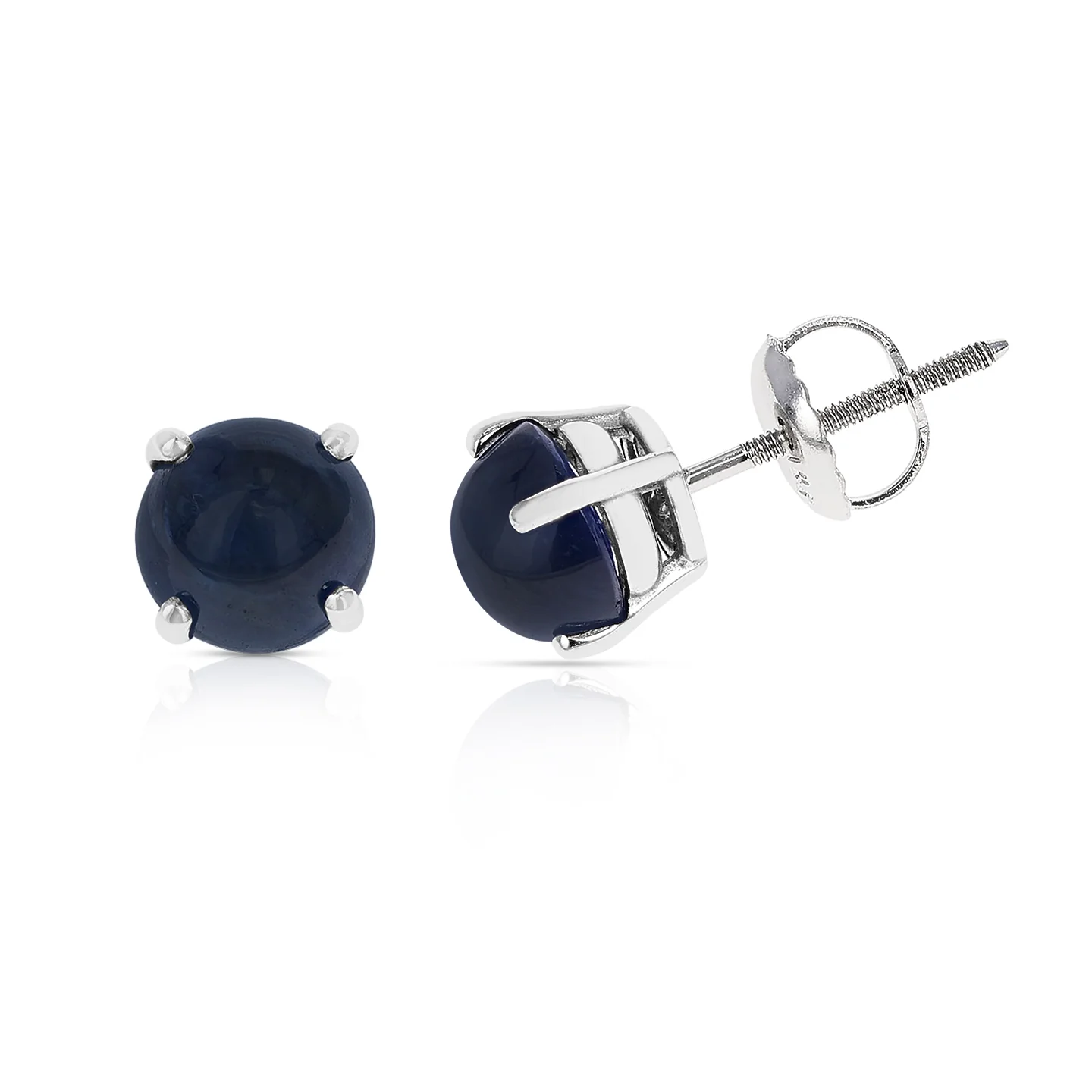 Dark Blue Sapphire Round Cabochon Stud Earrings Made in 14 Karat White Gold