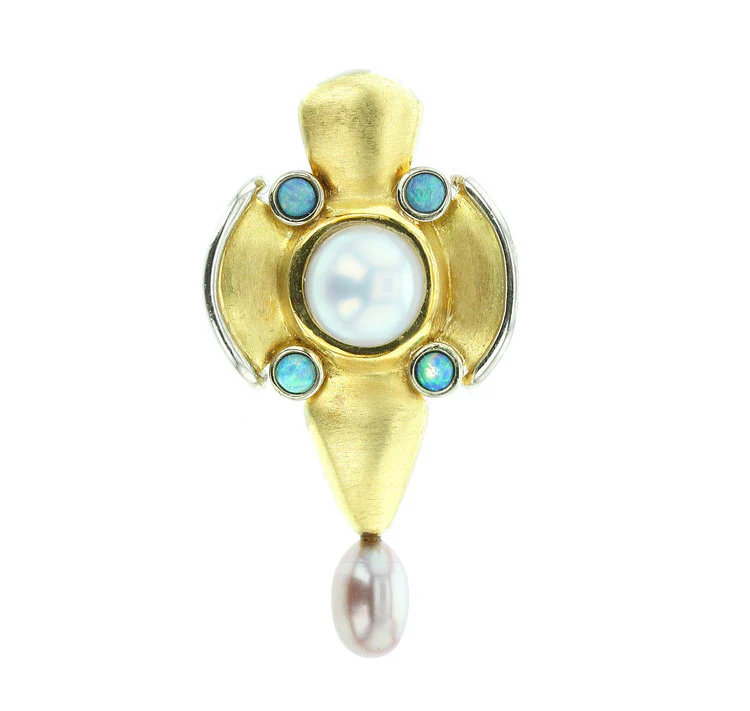 18K Yellow Gold, Pearl, and Opal Pendant