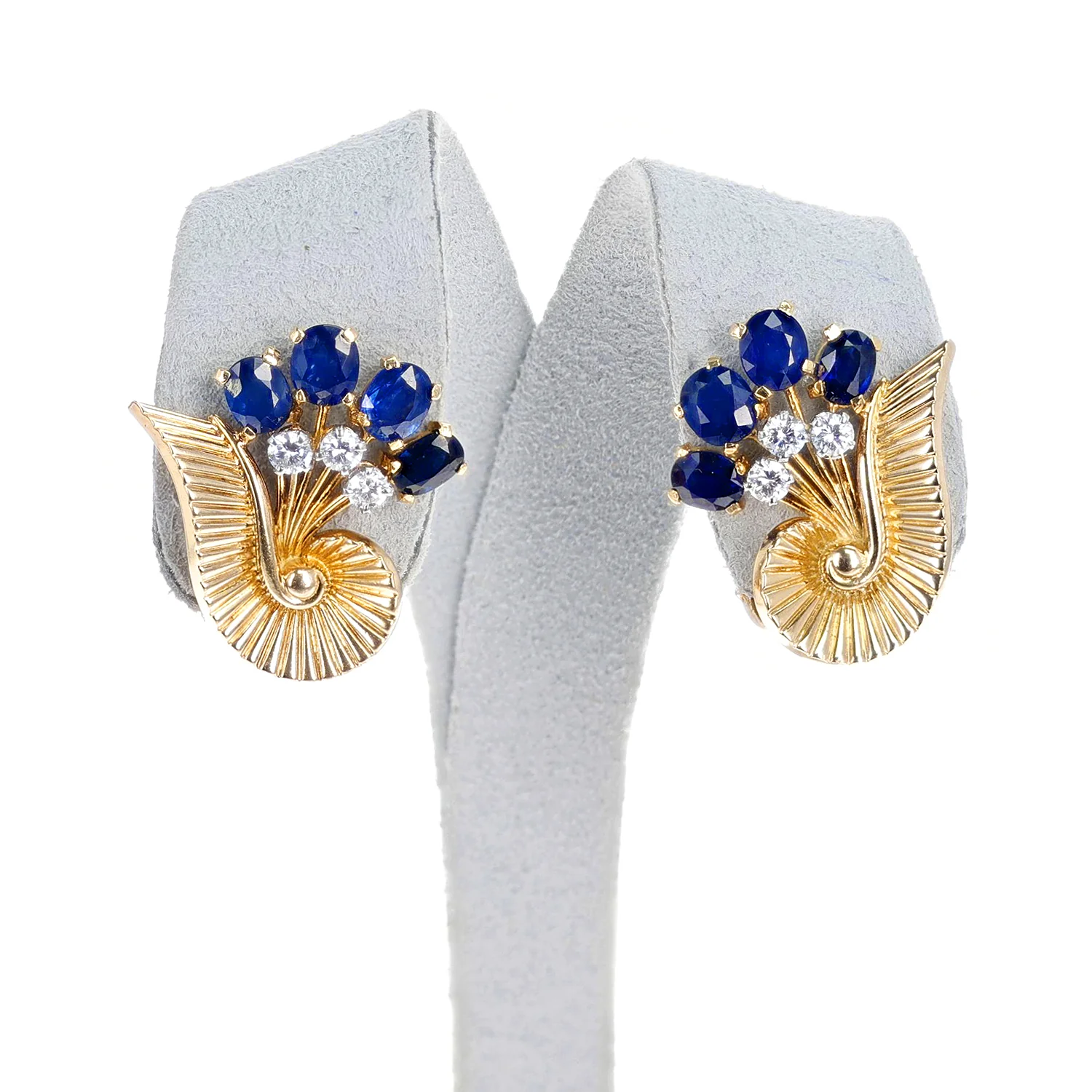 1965 Cartier Paris Natural Sapphire and Diamond 18K Yellow Gold Earrings