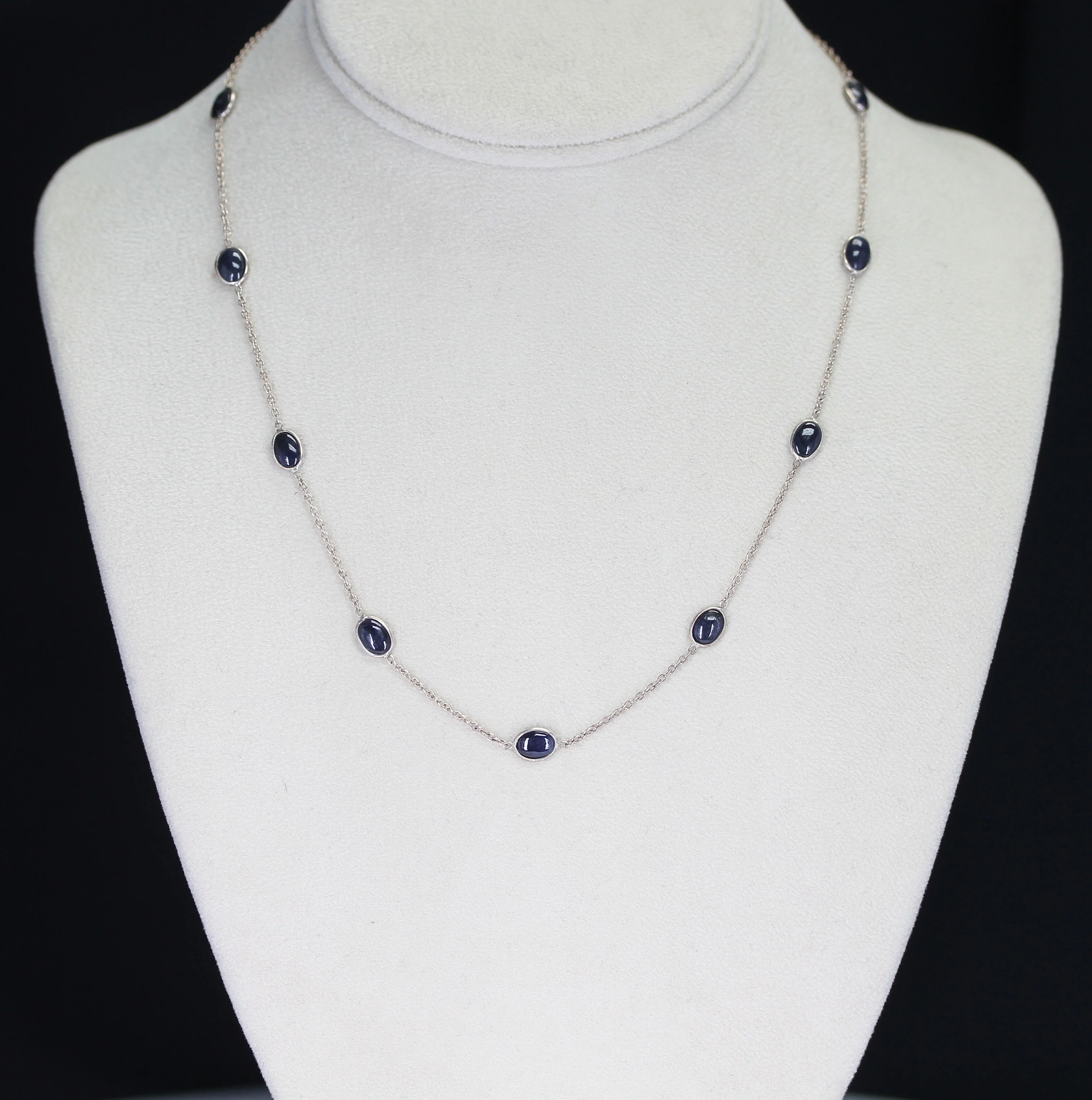 Dark Blue Sapphire Cabochon Necklace, Sterling Silver