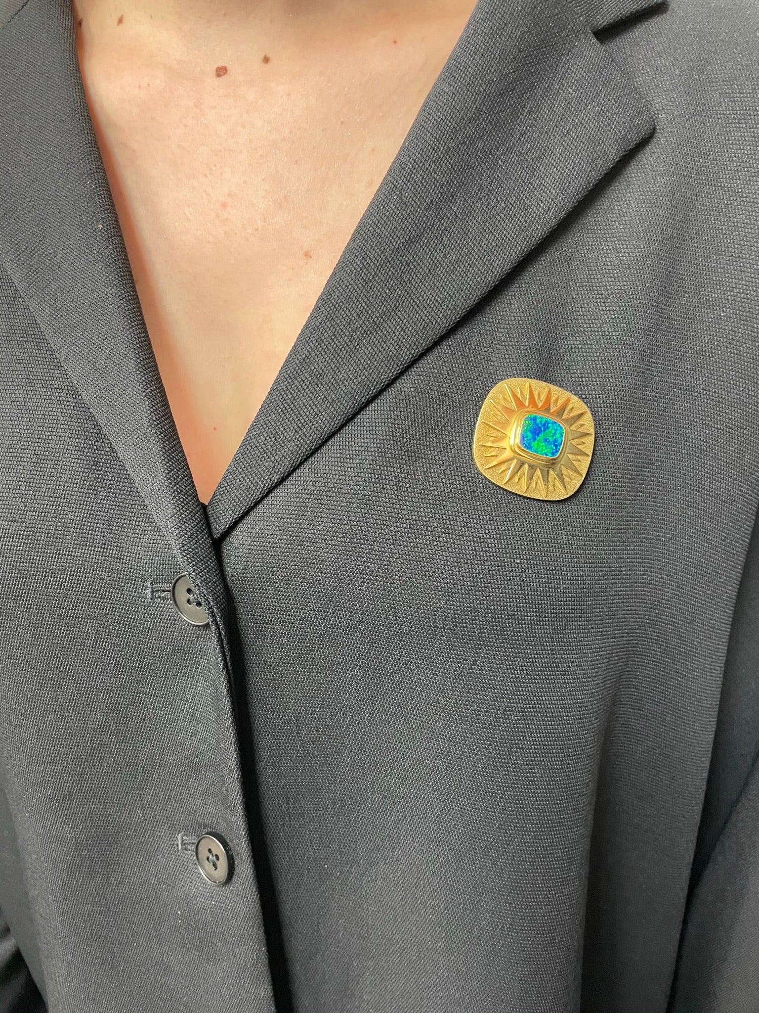 Square Opal Star Brooch Pin, 18 Karat Yellow Gold