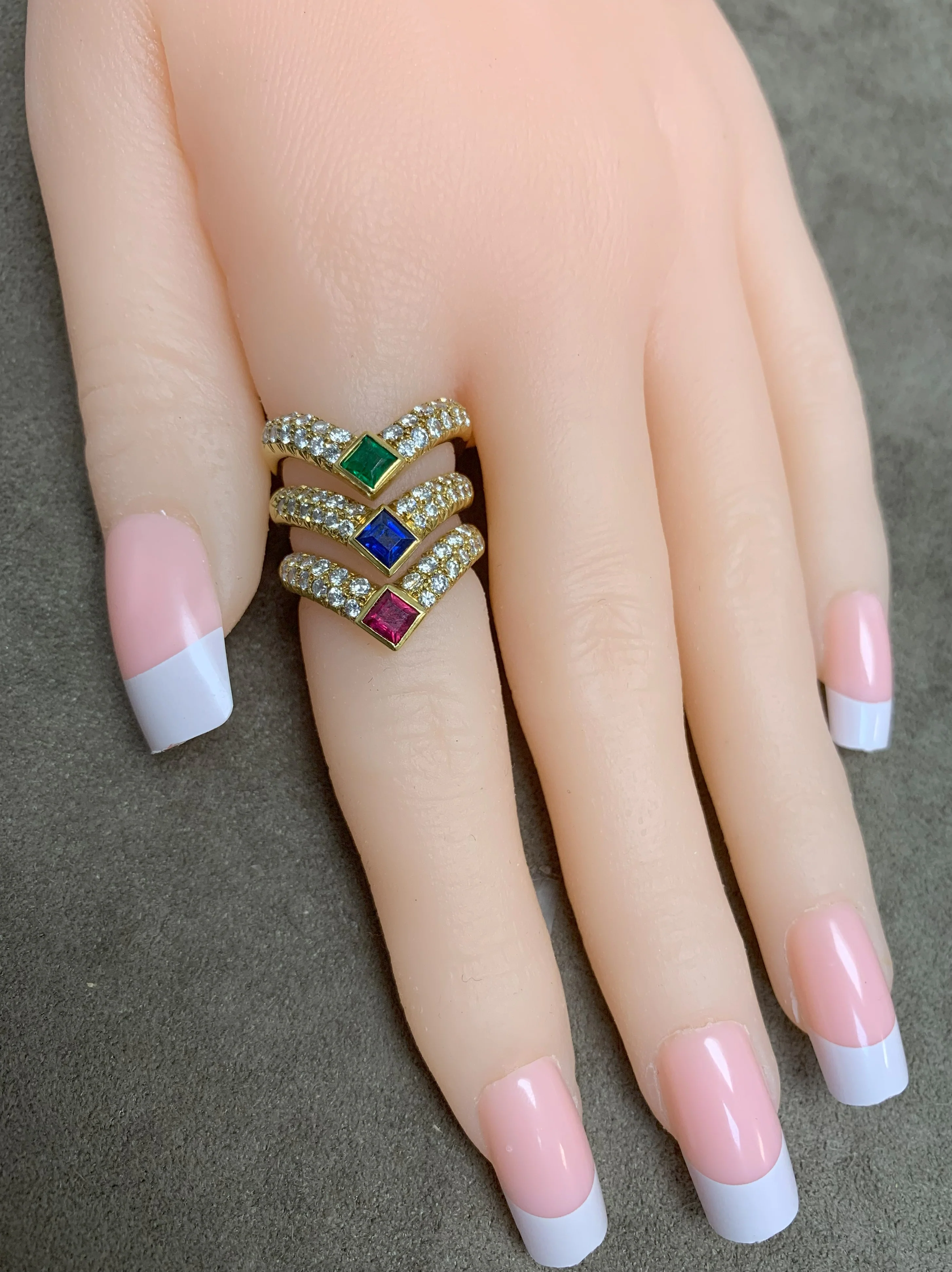 Van Cleef & Arpels Emerald Ruby Sapphire and Diamond Three Band Stacking Ring