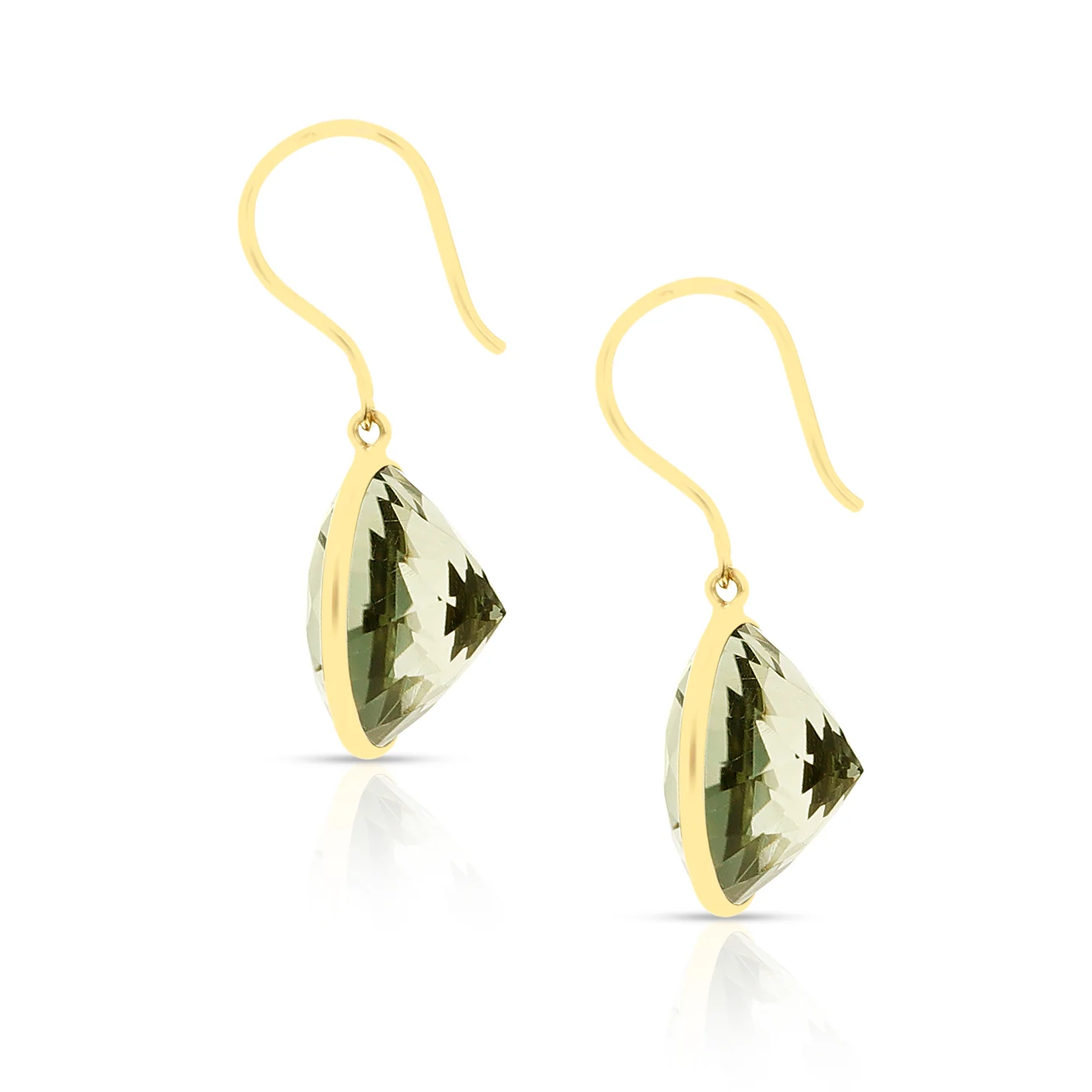 Green Amethyst Round Cushion Cut Shape Dangling Earrings made in 18 Karat Yellow Gold.
