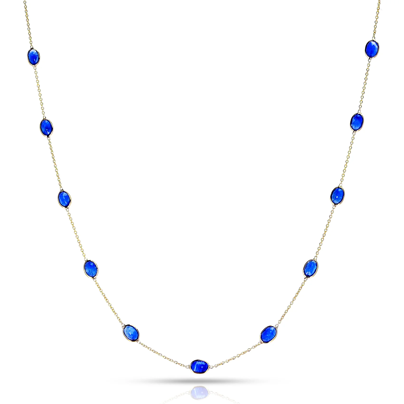 Oval Shape Blue Sapphire Necklace, 18 Karat Gold