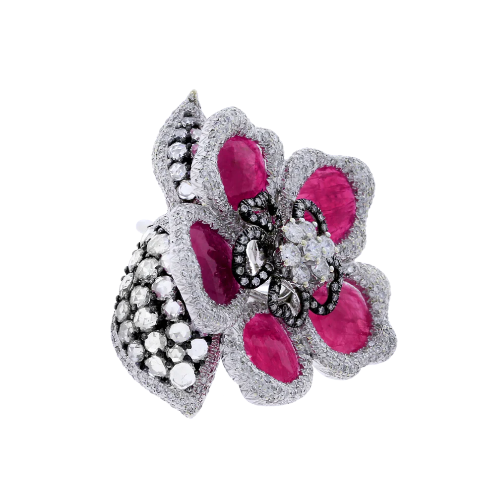 Ruby Petals and Diamond Floral Ring