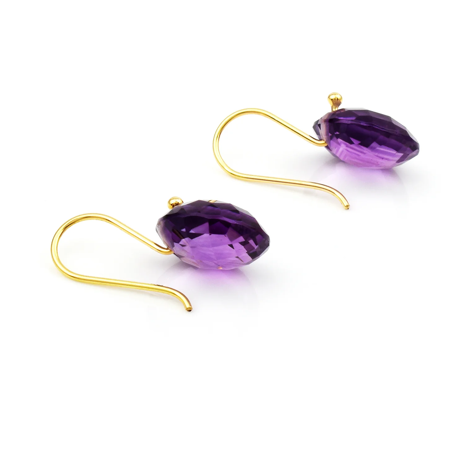 Amethyst Round Shape Dangling Earrings made in 18 Karat Yellow Gold.