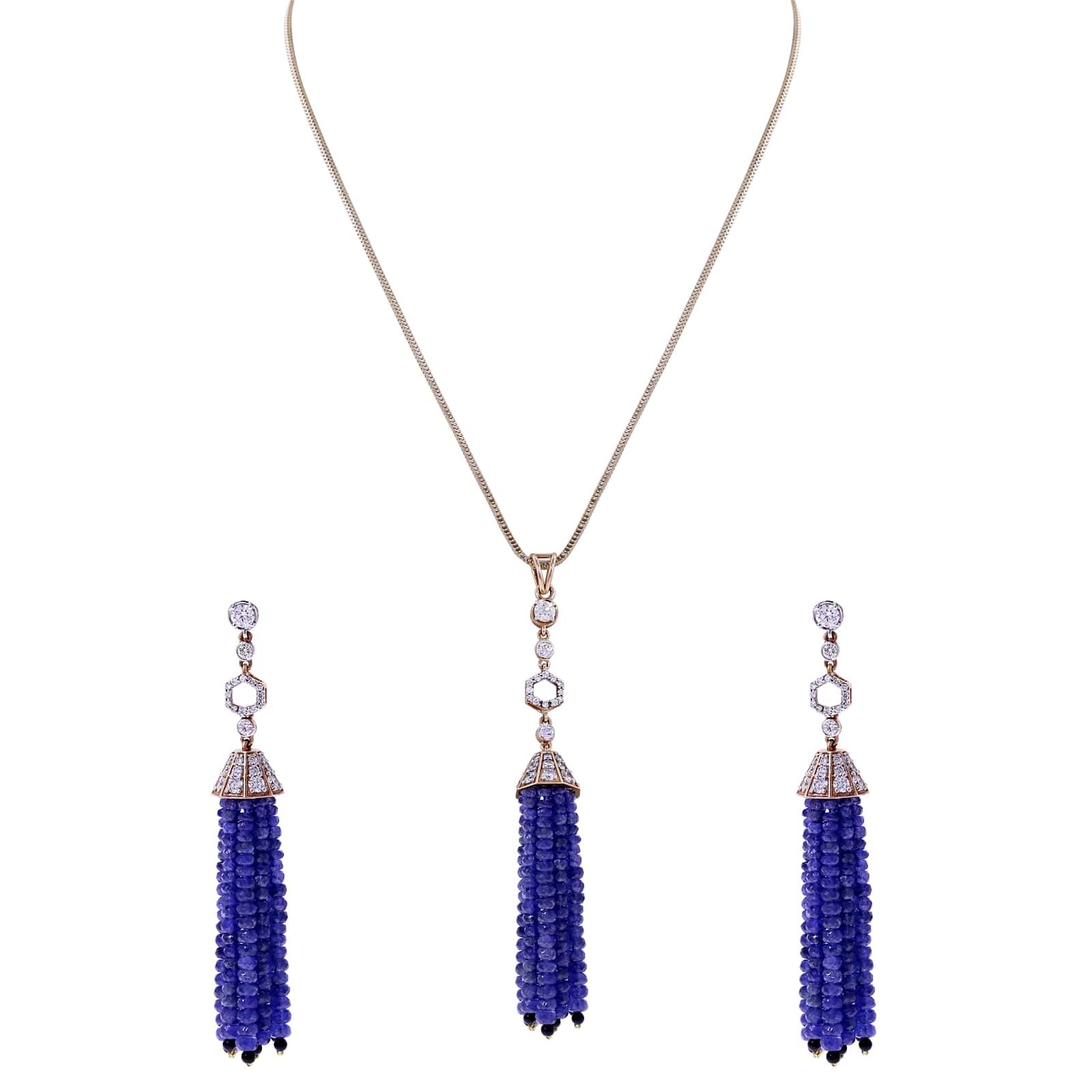 Sapphire Beads Tassel Earrings with Diamonds and Onyx, 18k