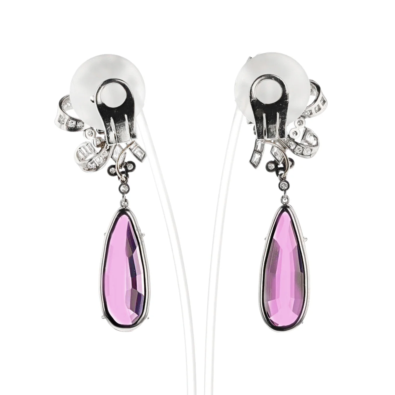 Art Deco AGL Certified Natural Pear Pink Topaz and Diamond Earrings, Platinum