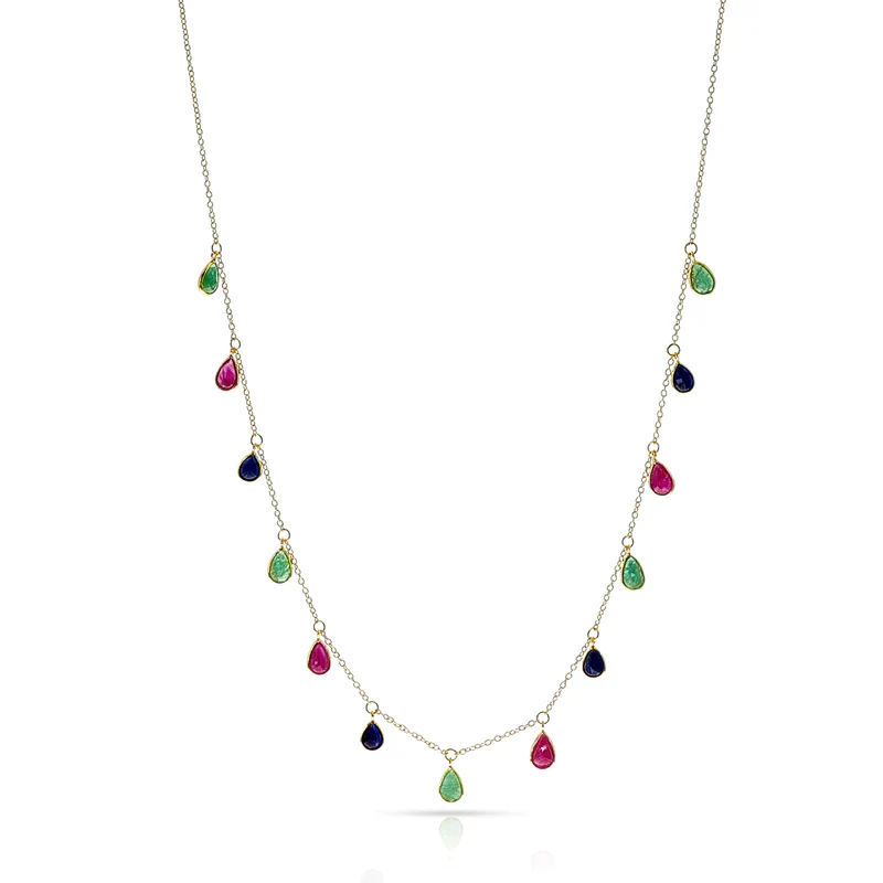 Pear Shape Gemstone with Drops, 18k