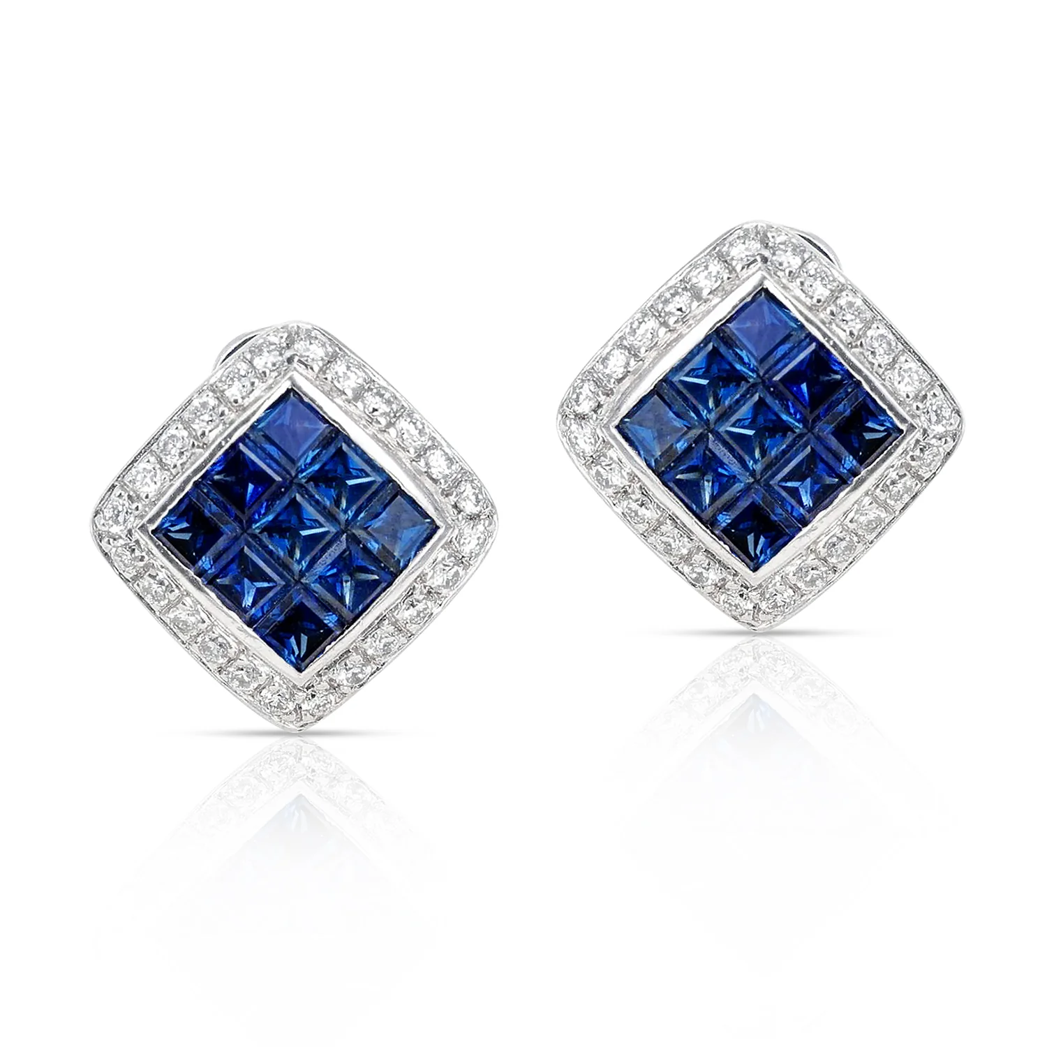 Square 3 ct. Sapphire and Diamonds 0.60 carats 18K White Gold Earrings