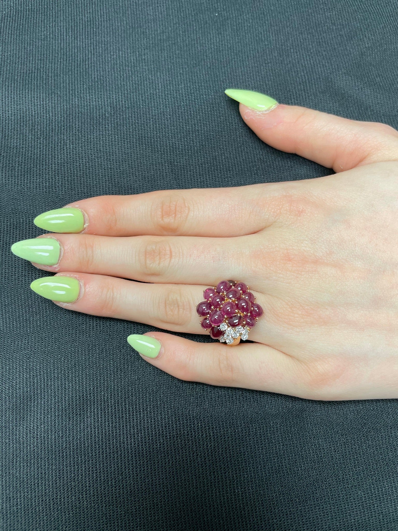 Ruby Cabochon Cluster Ring with Round Diamonds, 18 Karat Yellow Gold