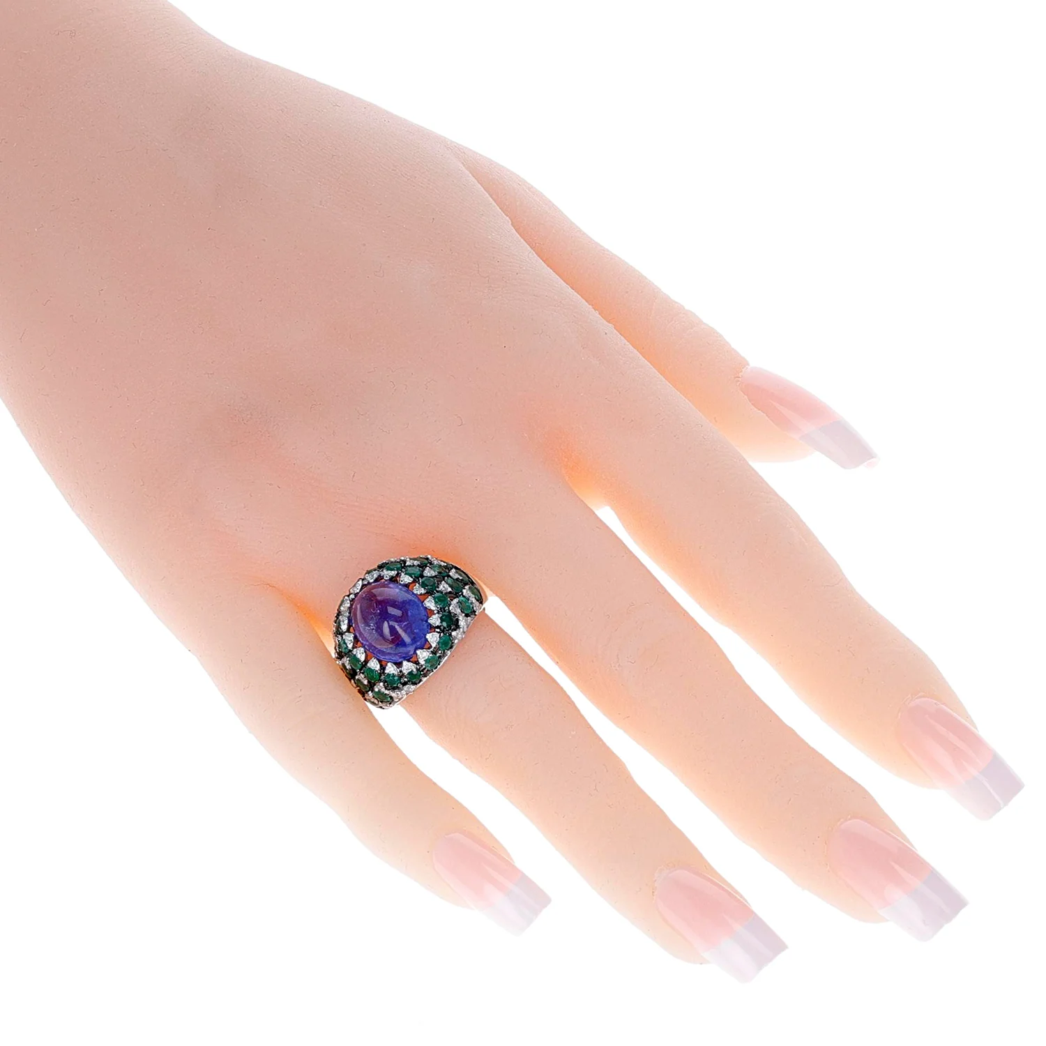 Tanzanite Cabochon Bombé Ring with Emerald, French Marks, 18K Gold