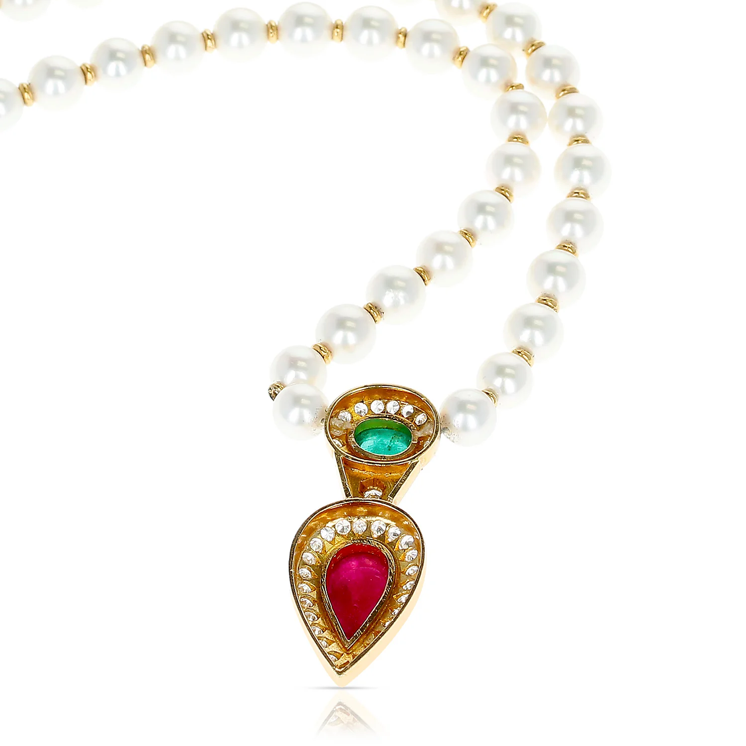 Cultured Pearl Beads Necklace with an Emerald and Ruby Cabochon, and Diamonds