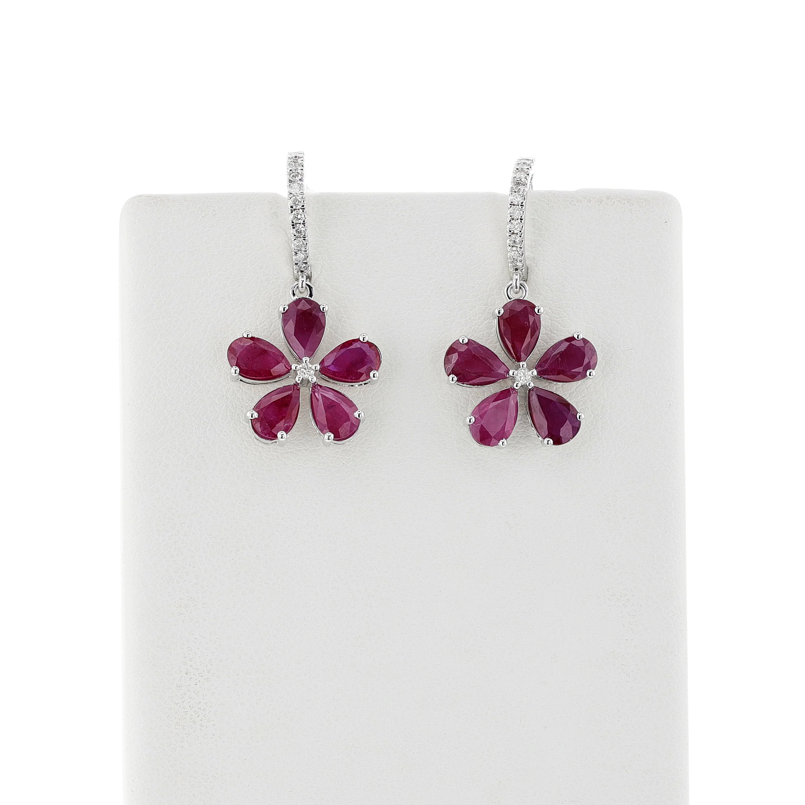 Floral Pear Ruby and Diamond Dangling Hoop Earrings, 14k White Gold