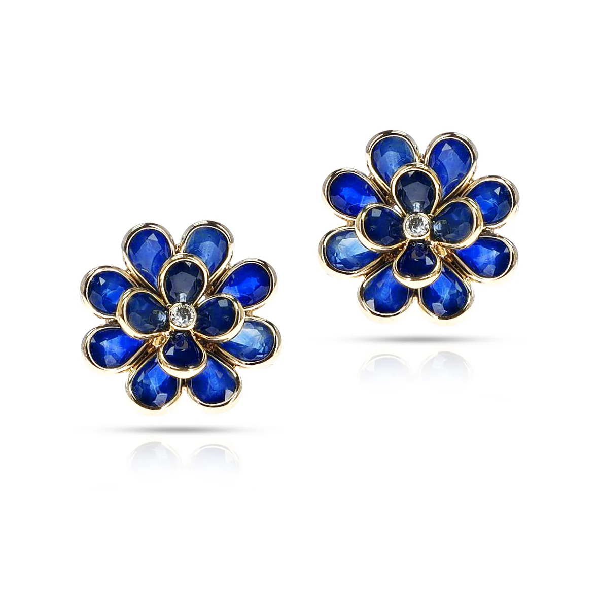 Sapphire Floral Earrings with Diamonds, 18k Yellow Gold