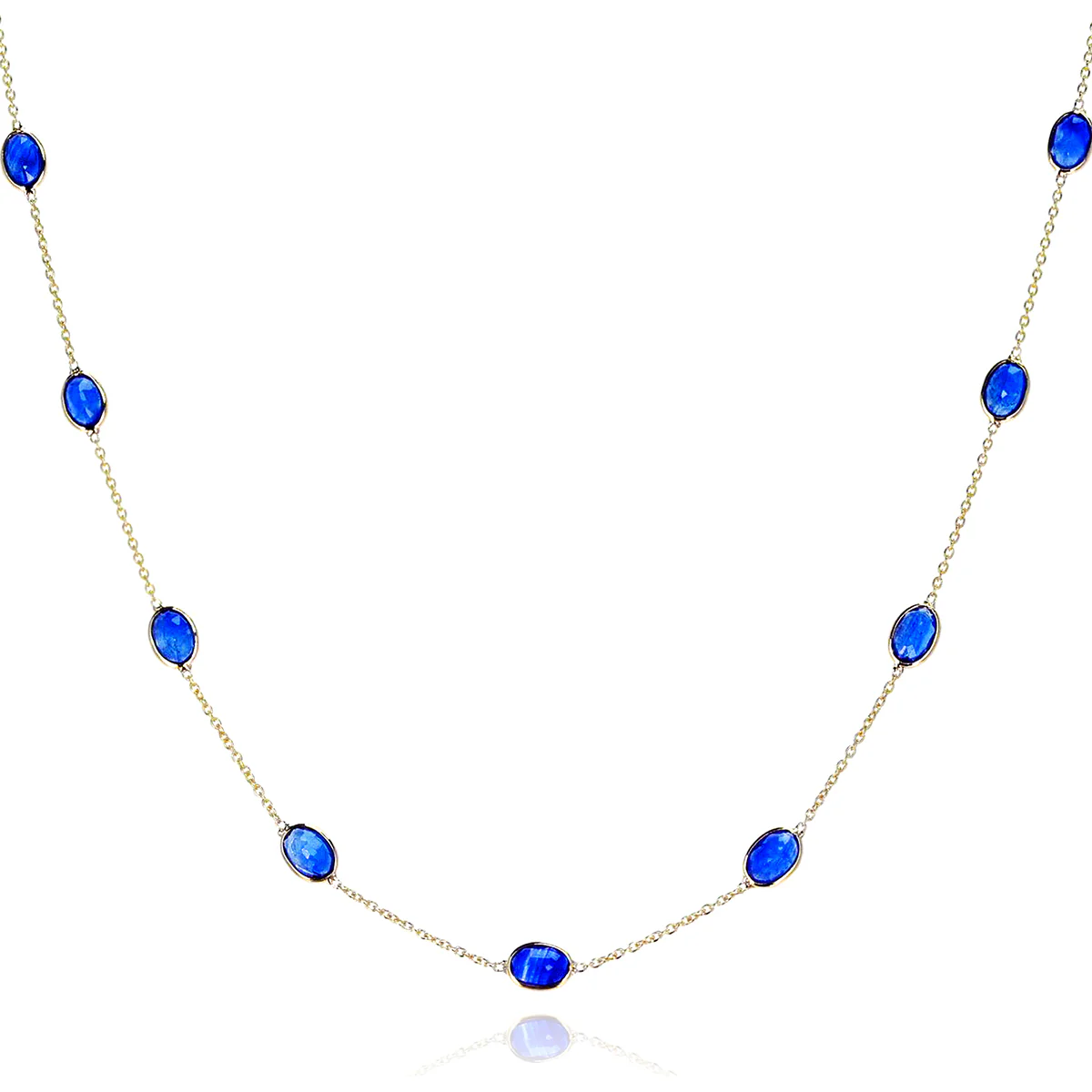 Oval Shape Blue Sapphire Necklace, 18 Karat Gold