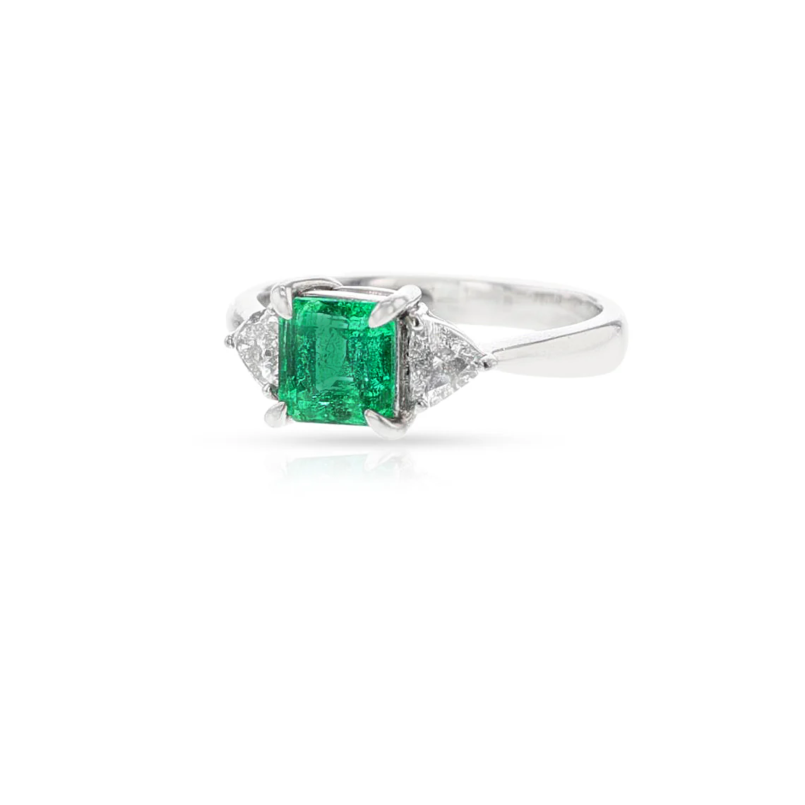 Square-Cut Emerald Three Stone Ring, Platinum