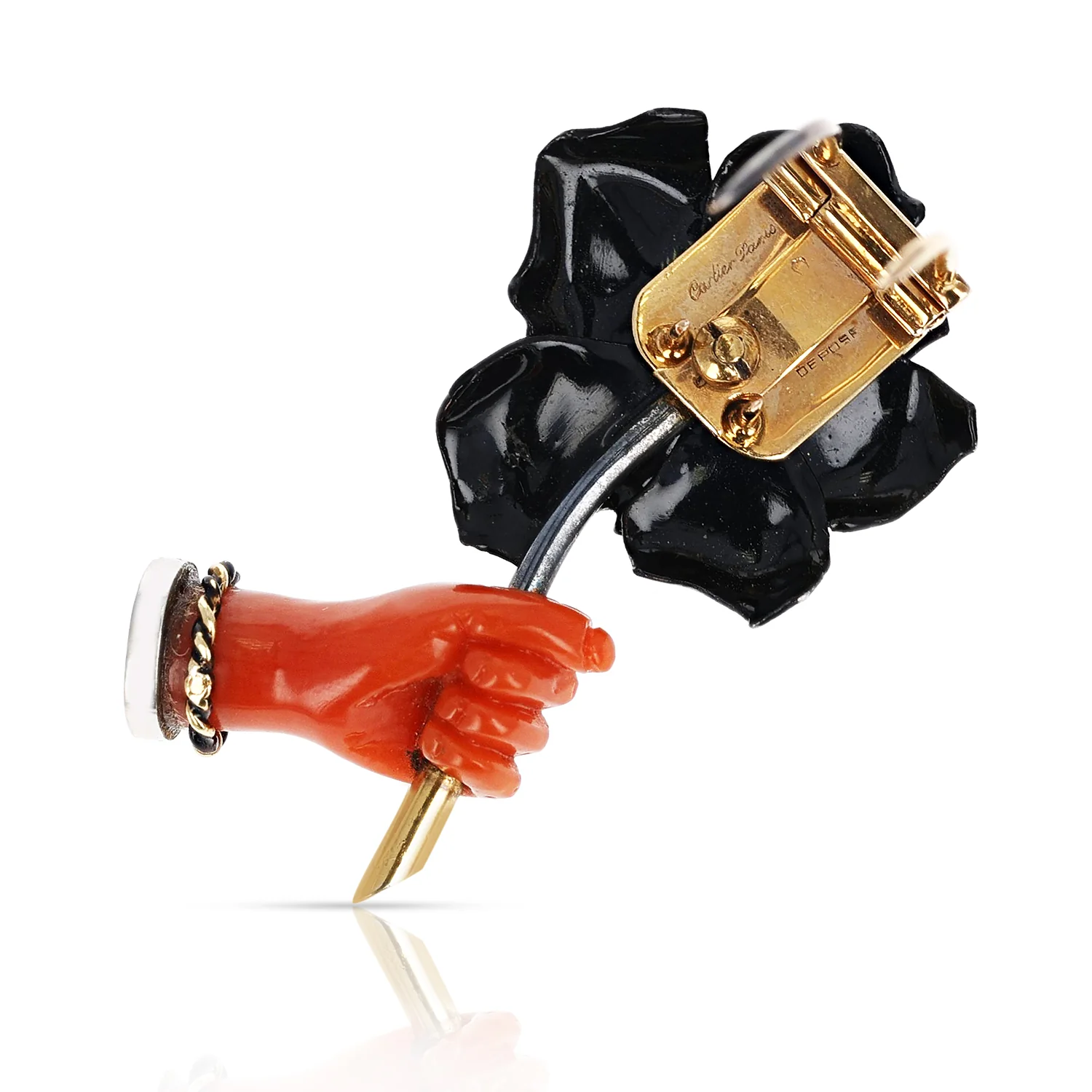Cartier Paris Coral Hand and Carved Black Enamel Flower Clip/Brooch with Diamond