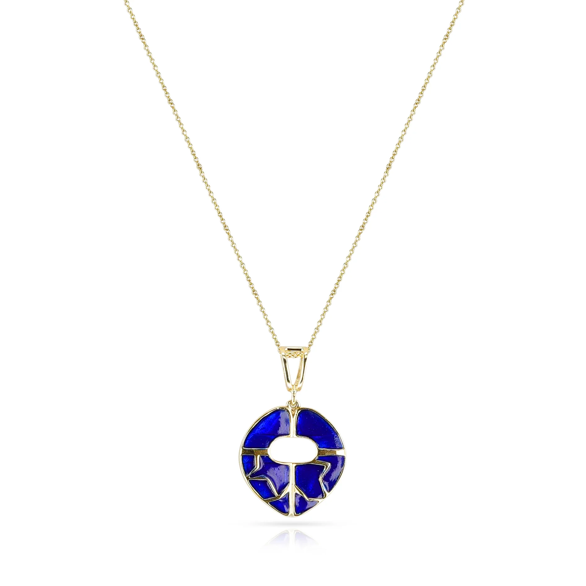 Dark Blue Enamel and Gold Lining Kintsugi Pendant Necklace, 14k