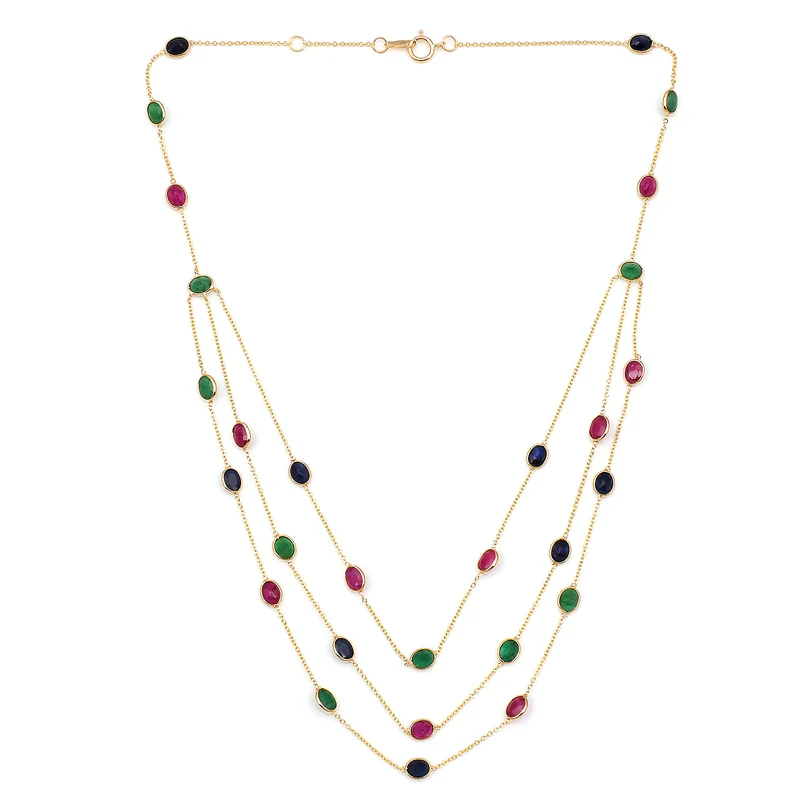 Oval Precious Gemstone Triple Layer Necklace, 18k