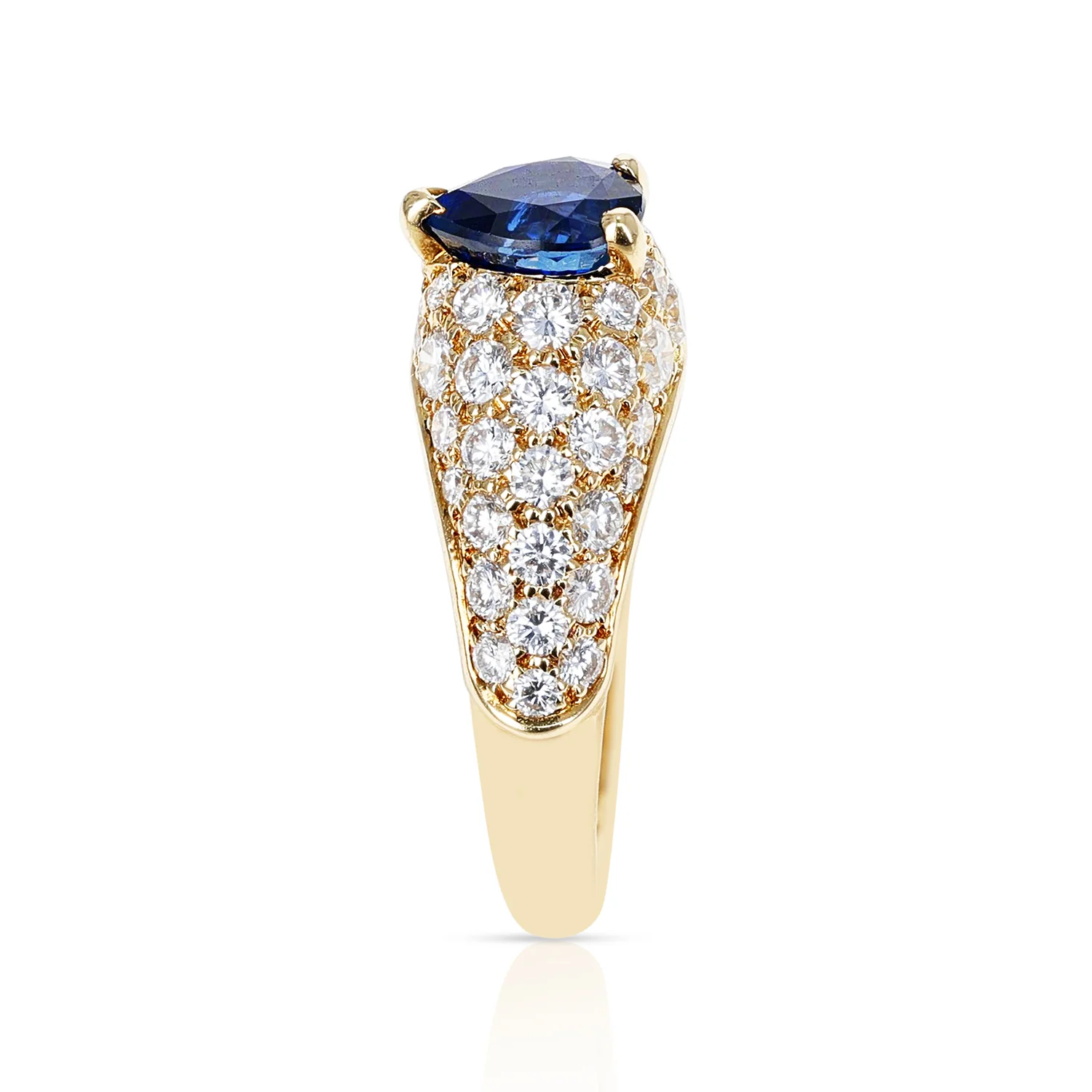 French Cartier Pear Shape Blue Sapphire Ring with Diamonds, 18 Karat Yellow Gold
