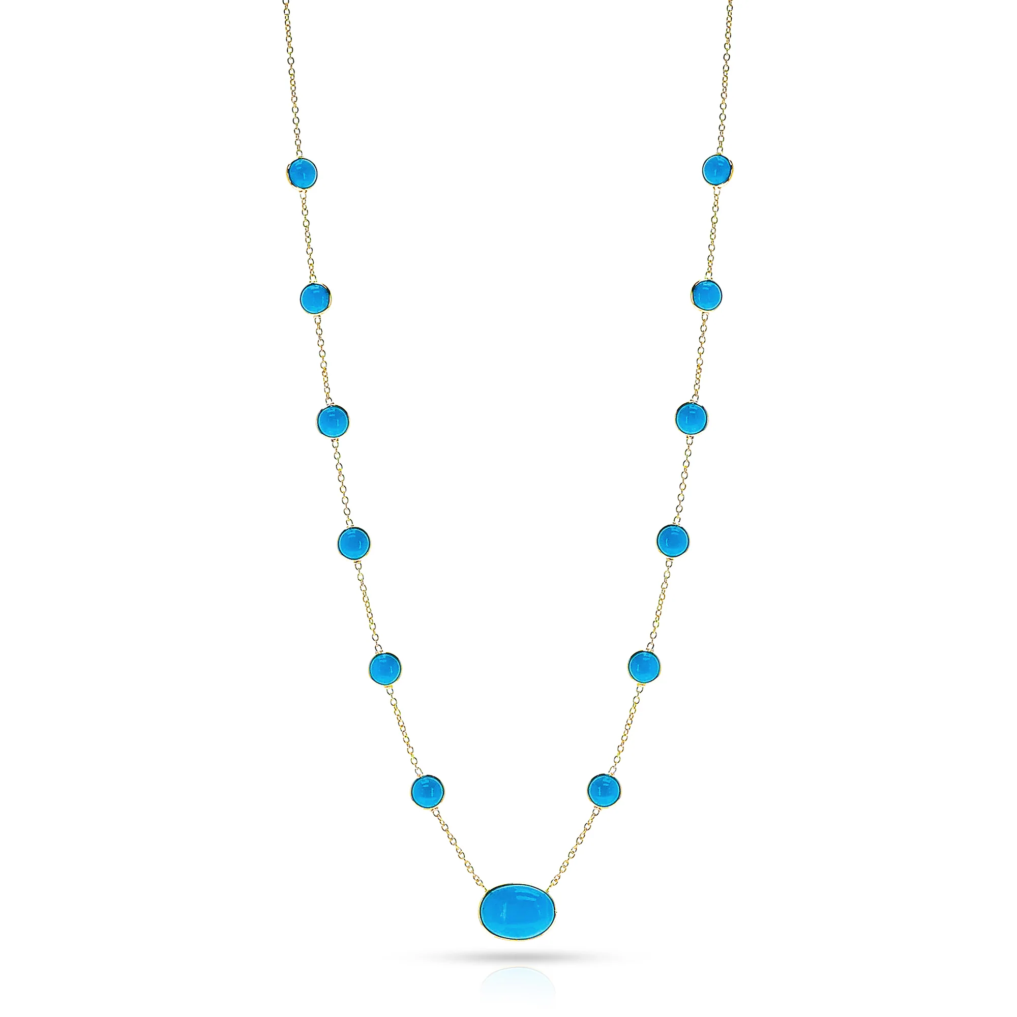 Round Turquoise Cabochon with One Oval Cabochon Necklace, 18K