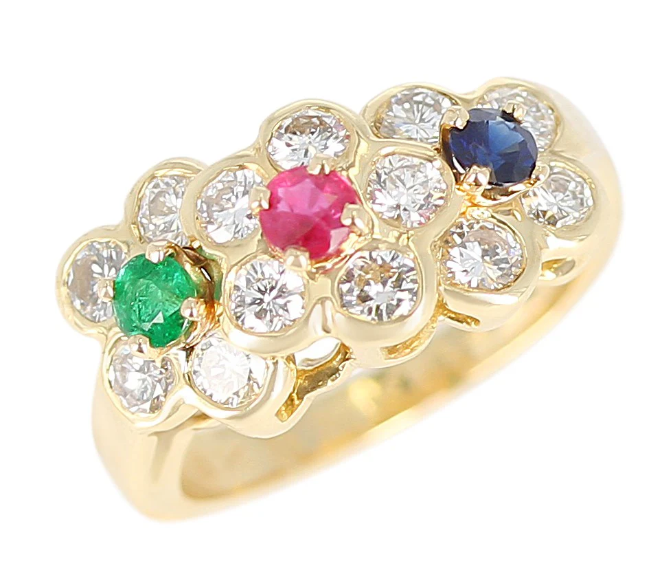 Van Cleef and Arpels Tri-Floral Emerald, Ruby, Sapphire and Diamond Ring, 18K