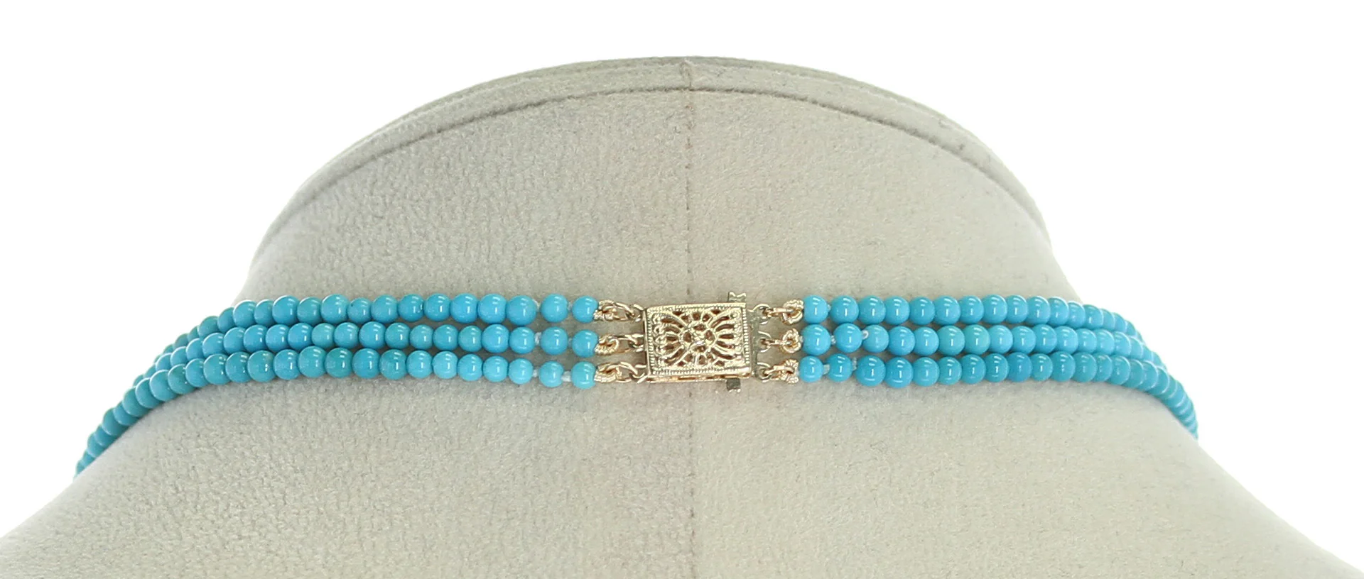 Genuine 3MM Turquoise Beads Three Strand Necklace, 14K Yellow Gold