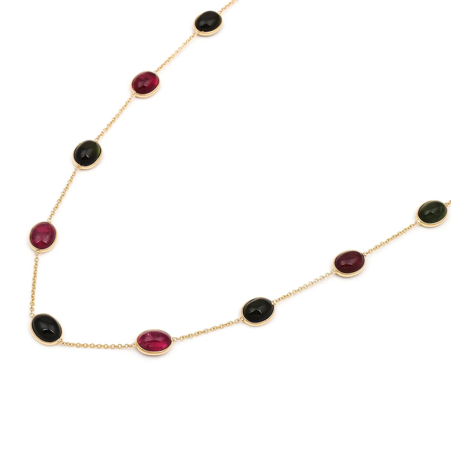 Dark Green and Red Tourmaline Cabochon Necklace, 18K Gold