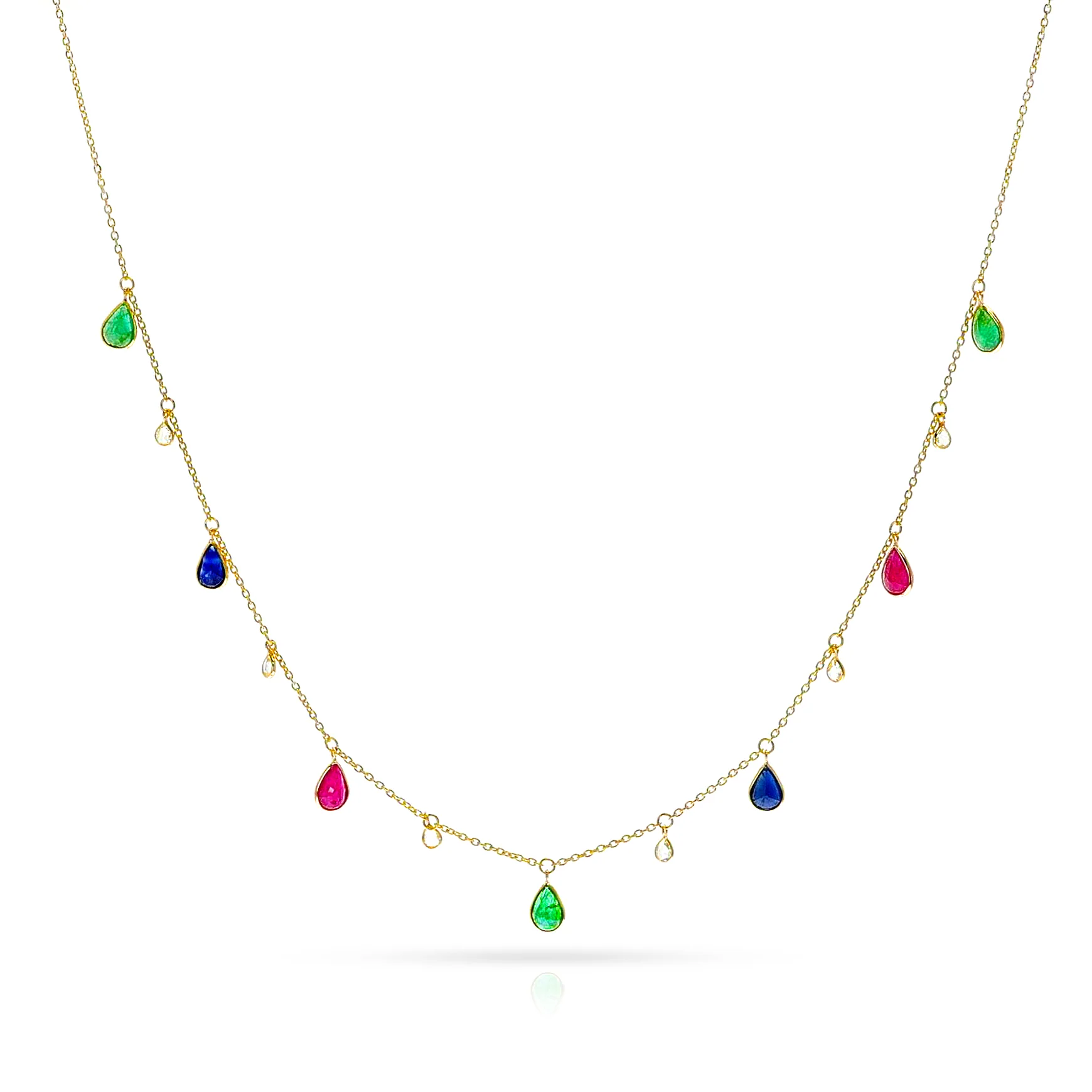 Pear Ruby Emerald Sapphire and Diamond Rose Cut Drop Necklace, 18K
