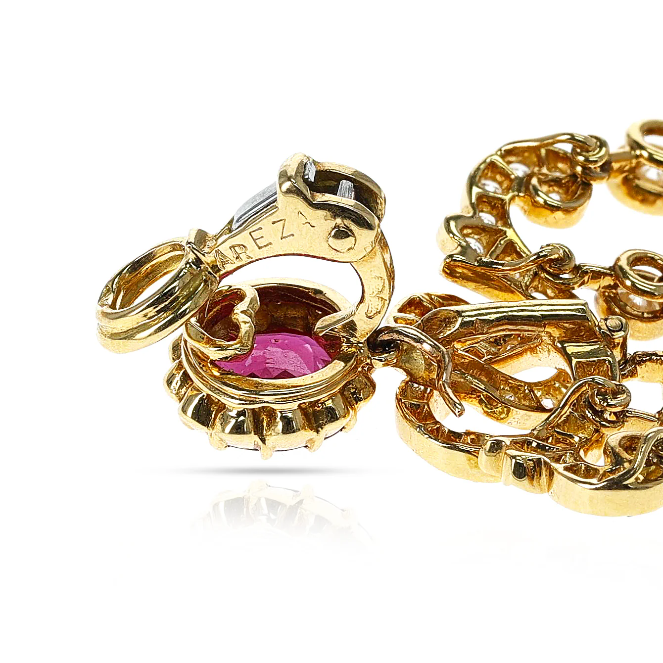 French Alexandre Reza Ruby and Diamond Cocktail Dangling Earrings, 18K Gold