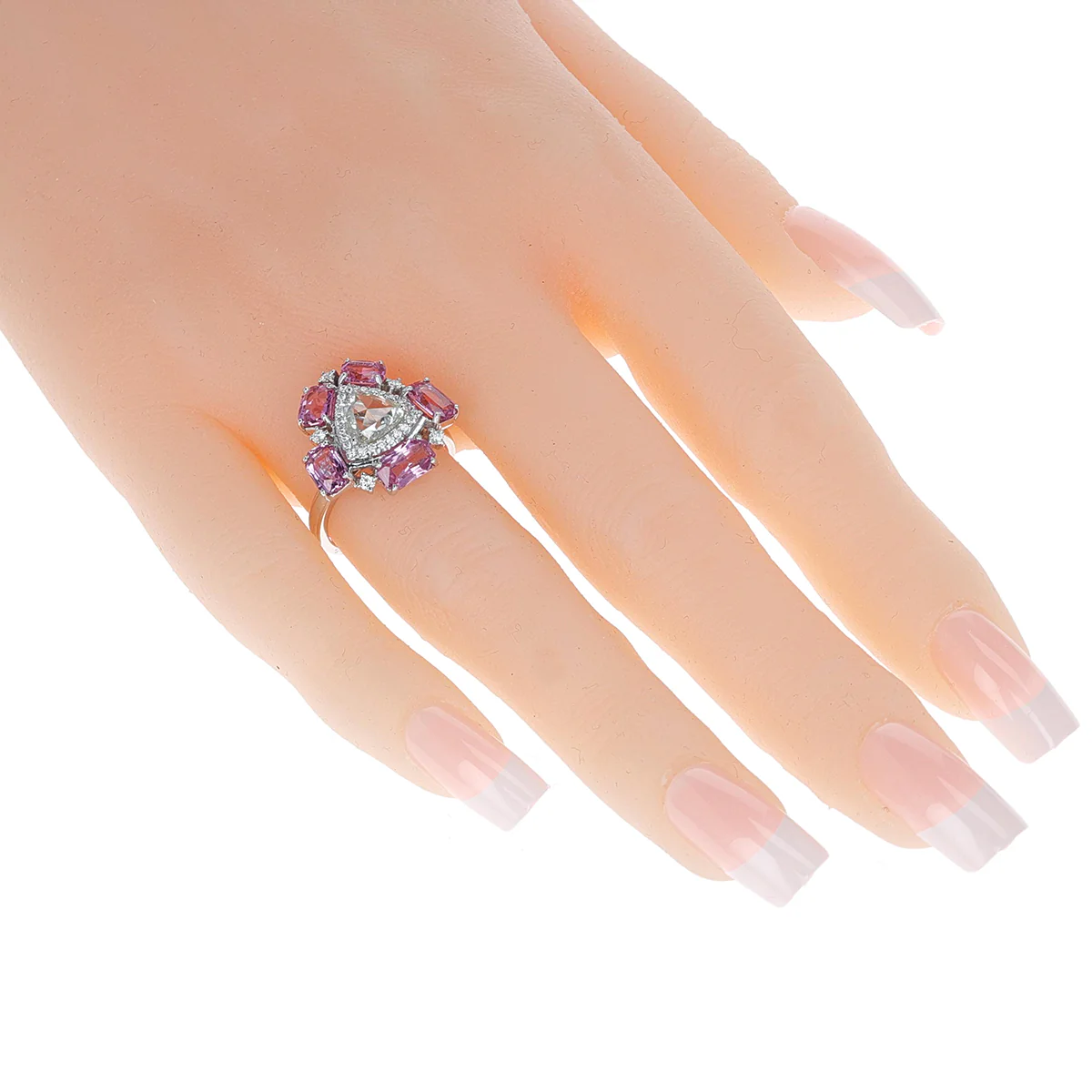 Triangular White Diamond Rose Cut Ring with Diamonds and Pink Sapphire, 18K