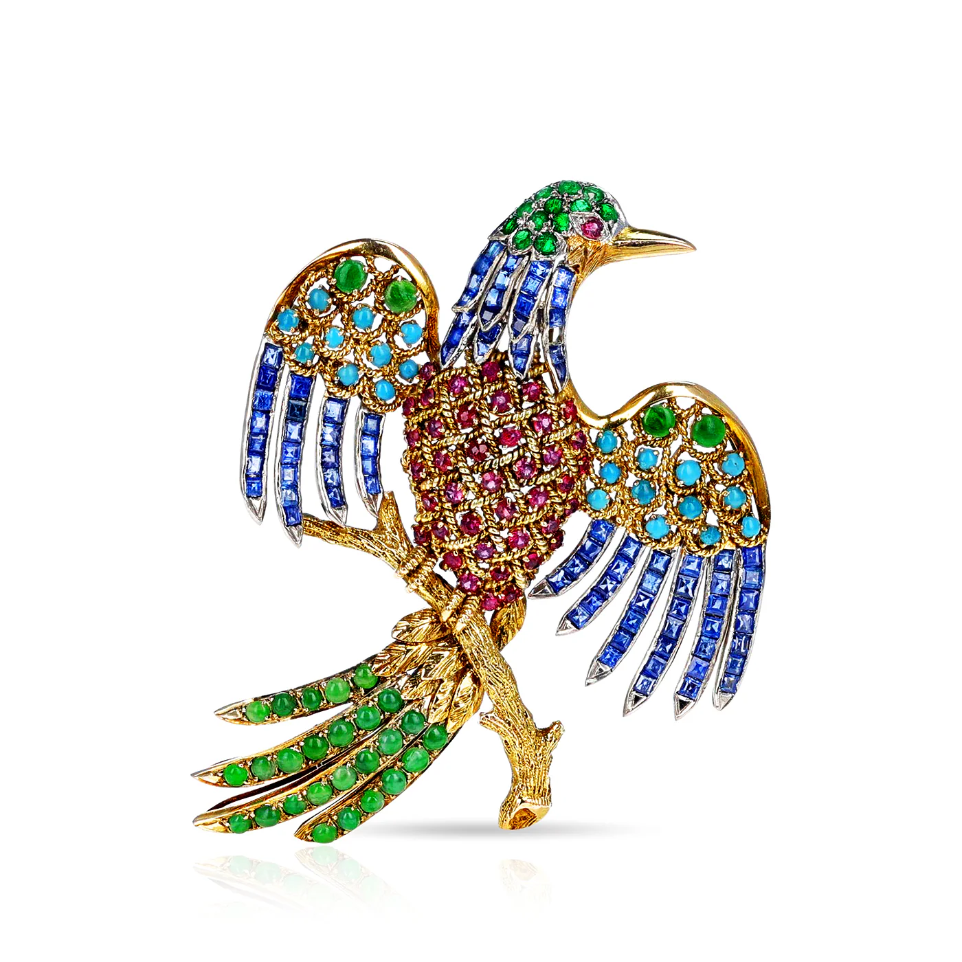 Ruby, Emerald, Sapphire, Turquoise and Jade Bird Brooch/Pin, 14k