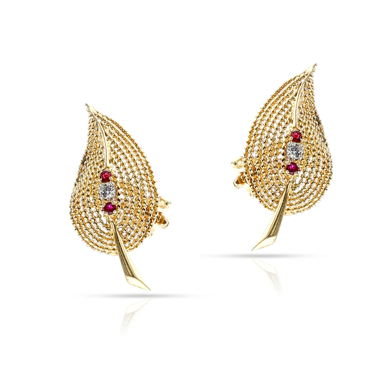 Tiffany & Co. Ruby and Diamond Leaf Earrings, 14k