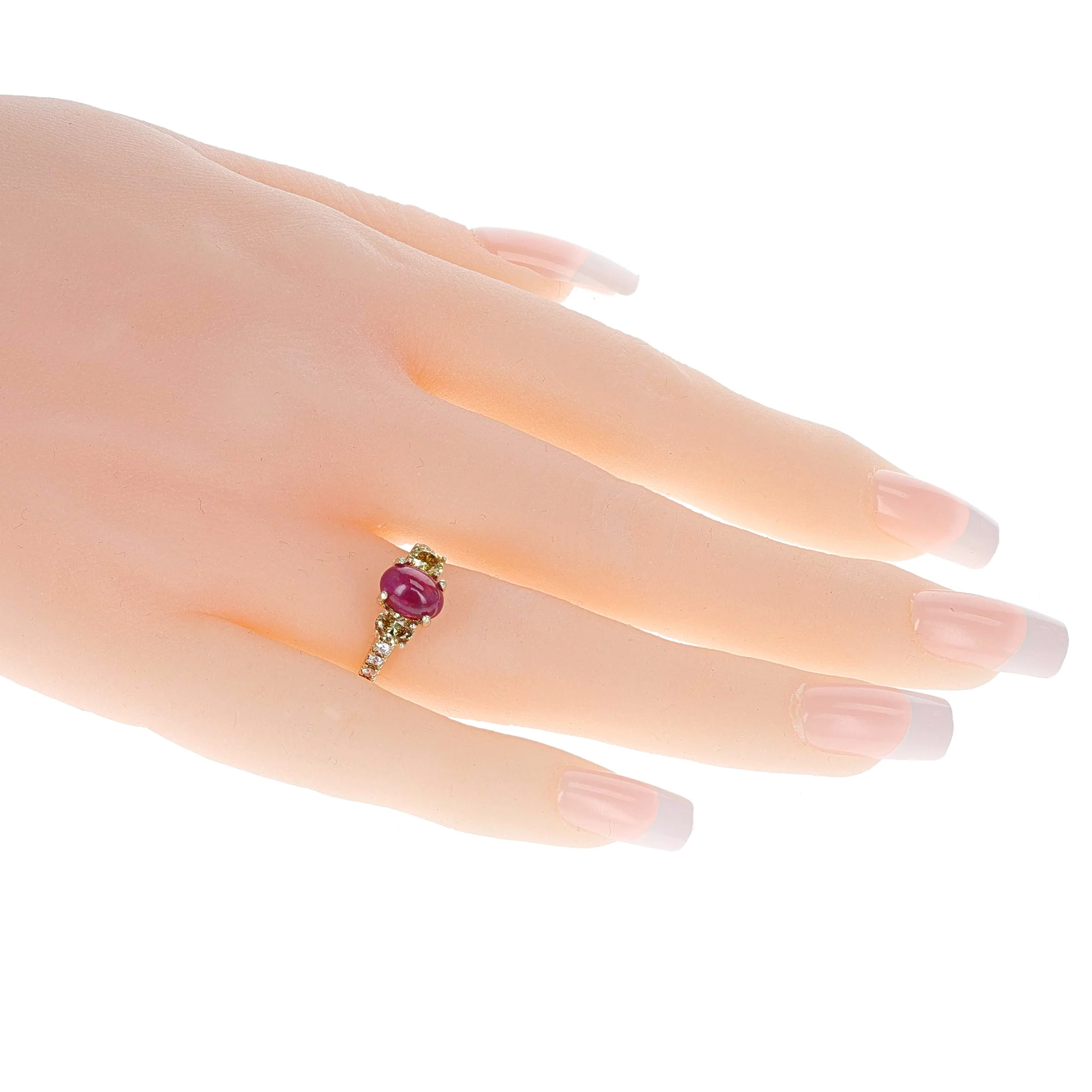 1.99 ct. Ruby Cabochon and 0.45 cts. Yellow Diamond Ring, 14K