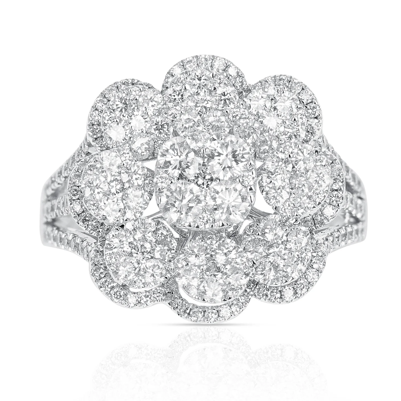 Floral Round Diamonds Cocktail Ring, 18K White Gold