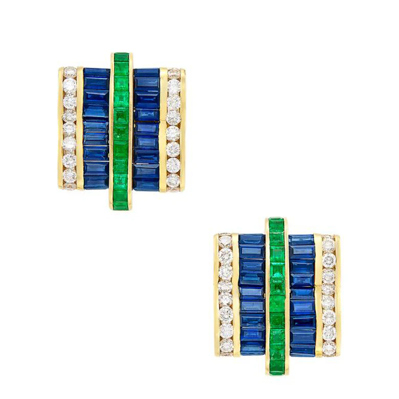 Charles Krypell Sapphire, Emerald, and Diamond Earrings