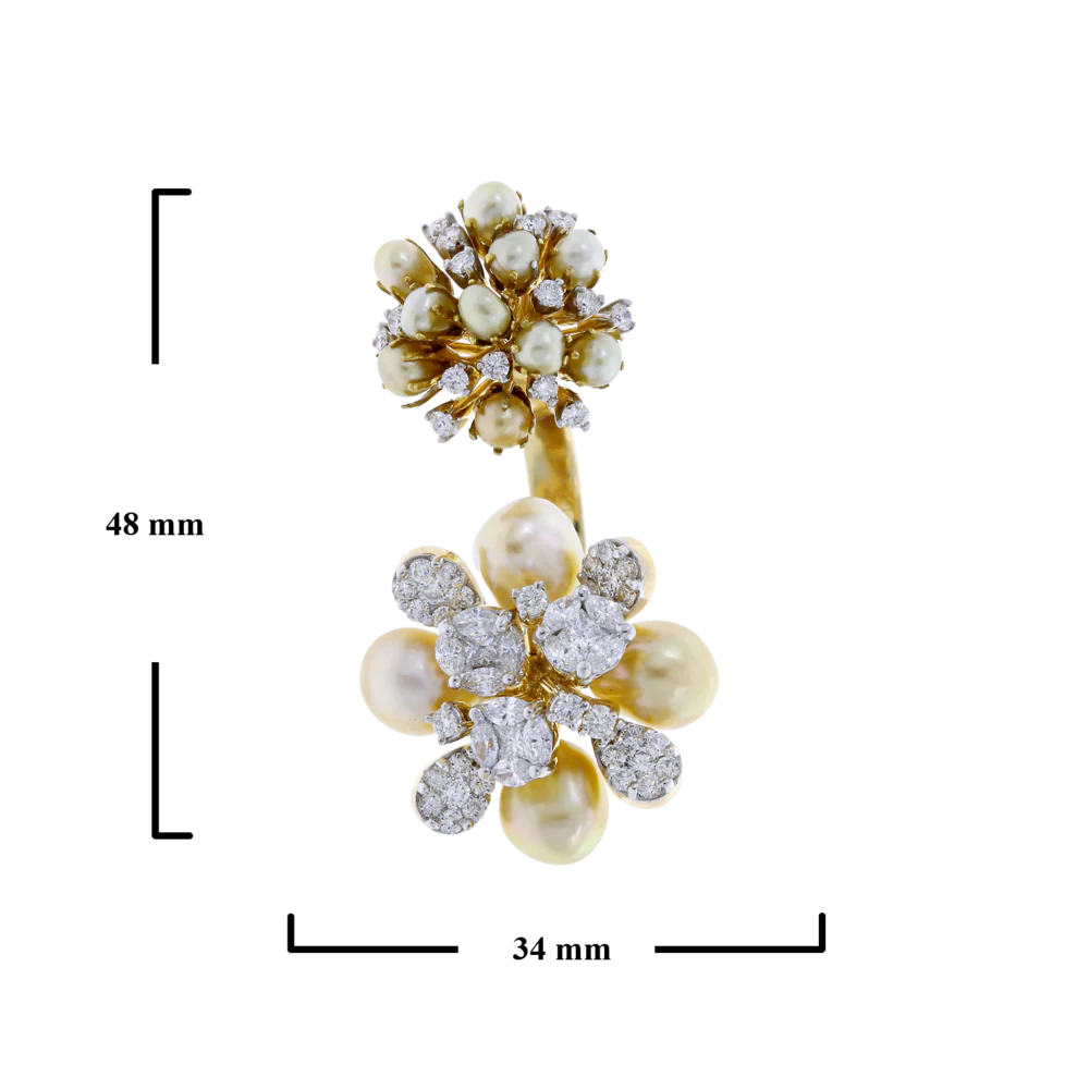 Pearl Clusters Open Ring with Mixed Cut Diamonds, 18K Gold