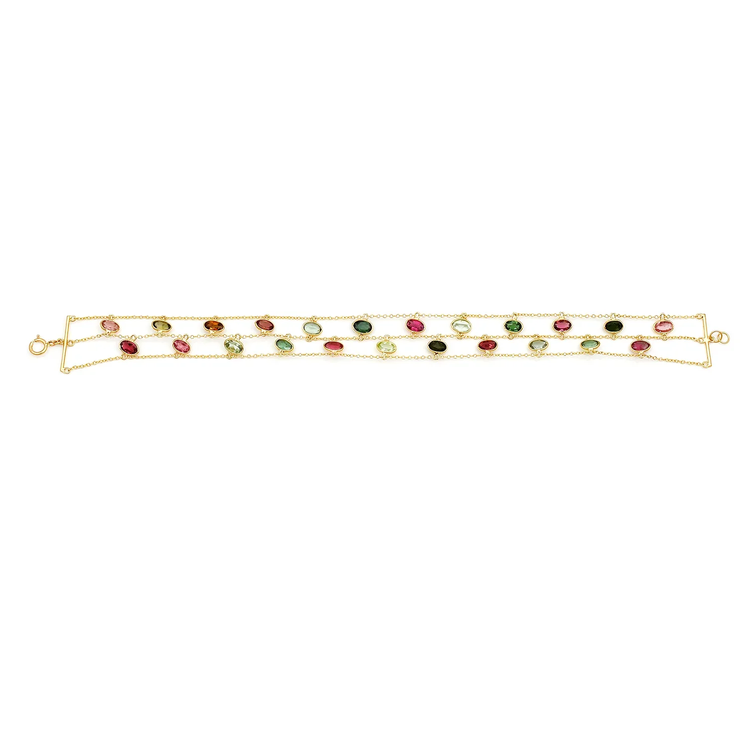 Oval Emerald, Ruby, Sapphire Double Line Adjustable Bracelet, 18k Yellow Gold