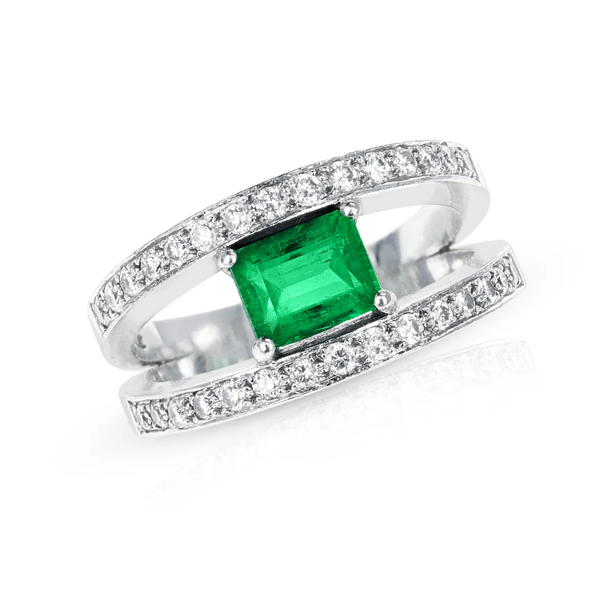 Emerald-Cut Emerald and Diamond Double Row Ring, 18k